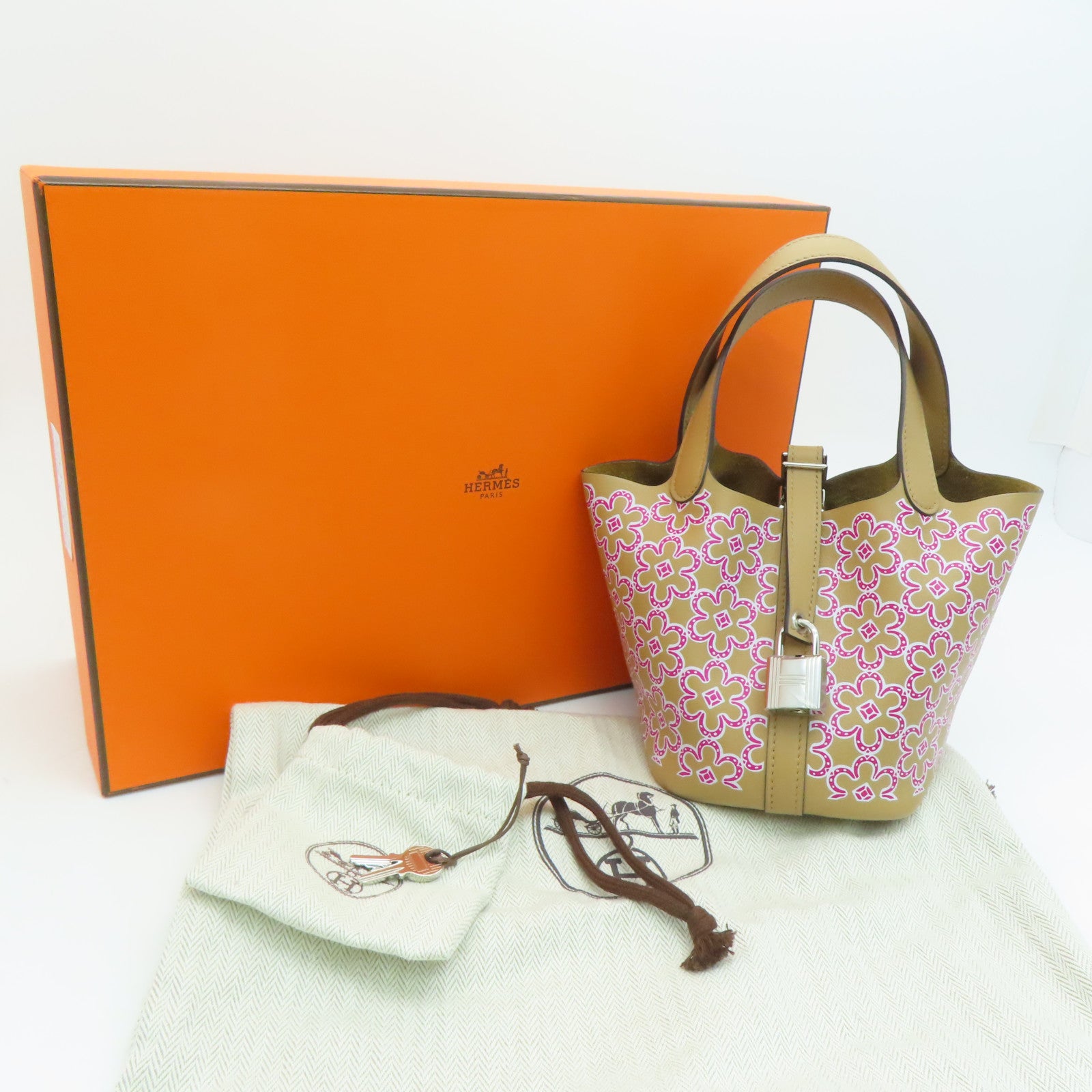 HERMES Swift皮革Micro 14 Lucky Daisy银扣手挽袋Chai/啡色