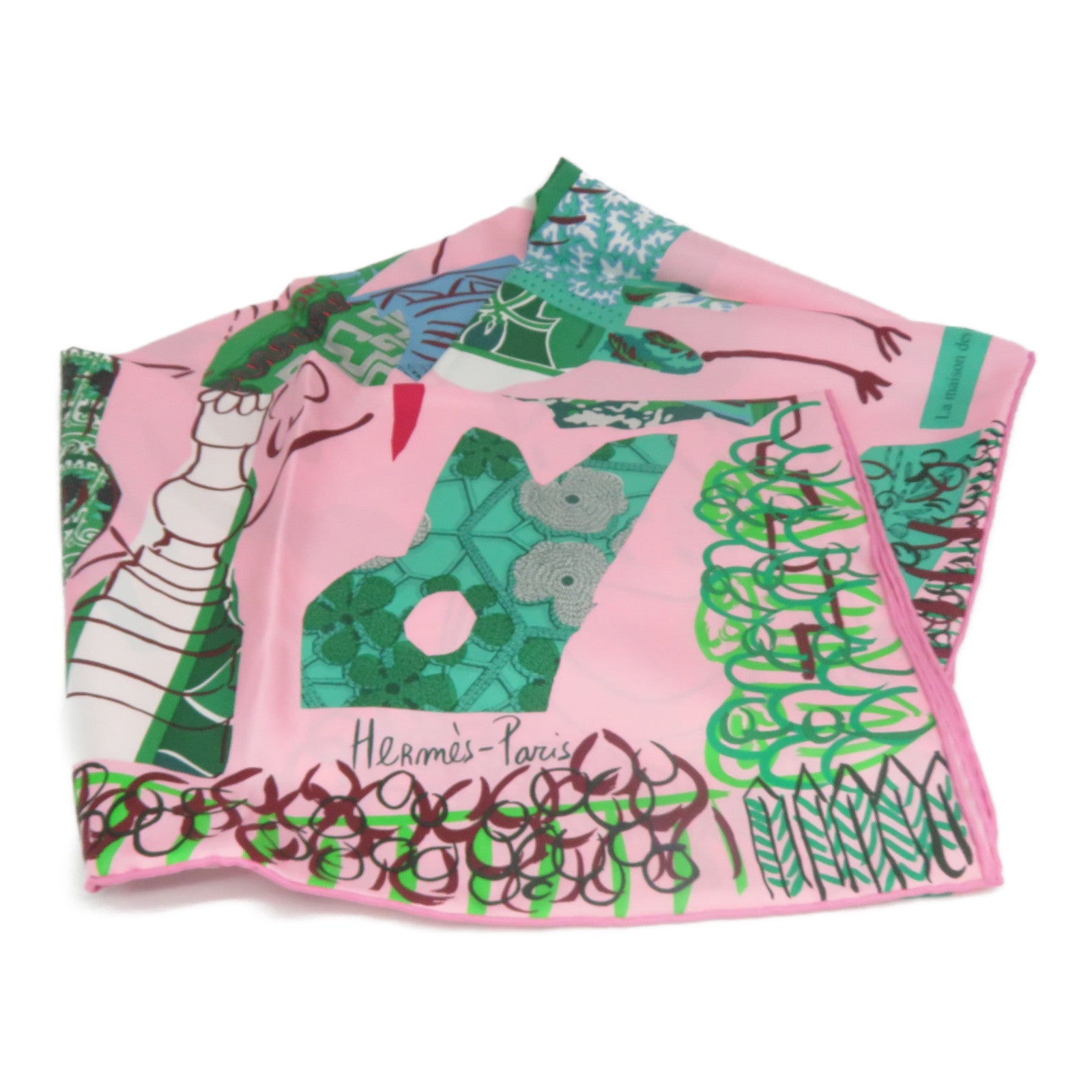 HERMES 【激減優惠】 絲質Scarf絲巾粉紅色/綠色