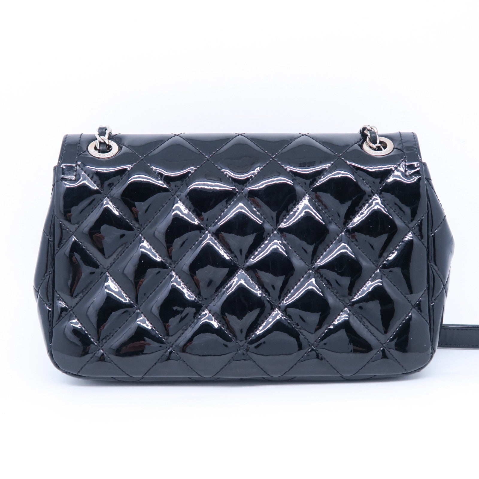 CHANEL 菱格漆皮皮革Chain Shoulder銀扣鏈帶手挽肩背兩用袋黑色