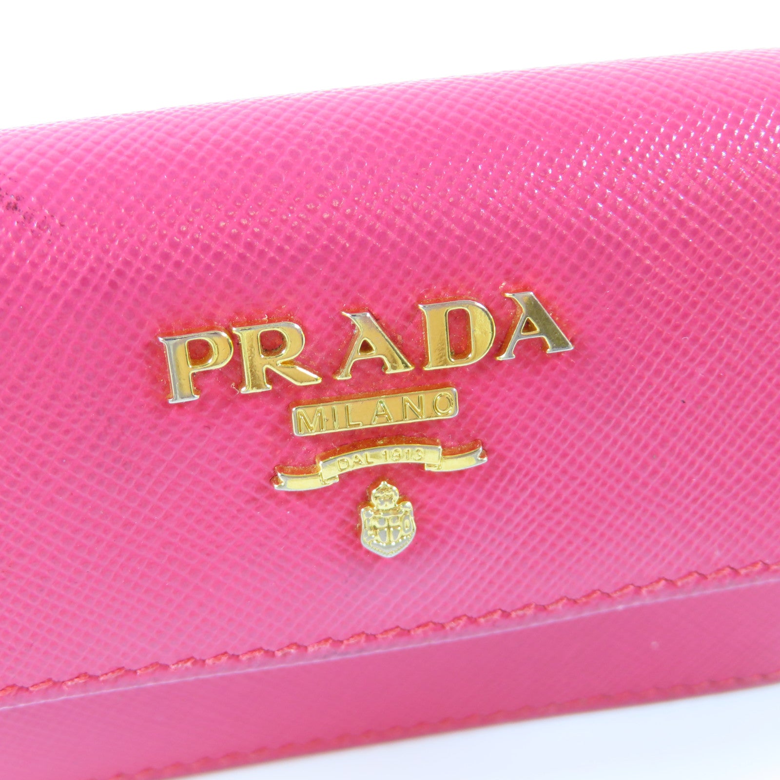 PRADA Saffiano皮革Card Case金扣卡片套桃紅色
