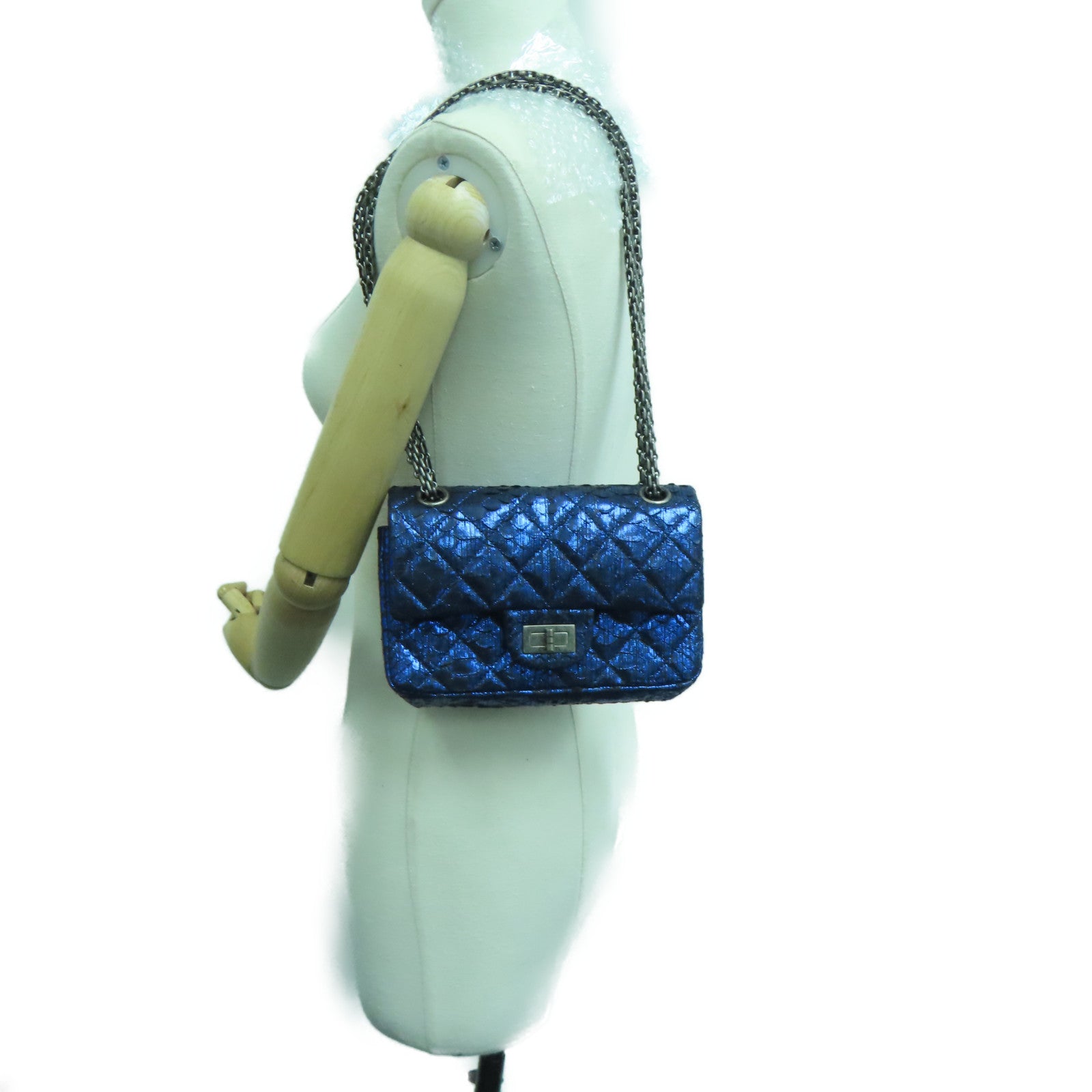 CHANEL 【激減優惠】菱格蛇皮皮革Chain Shoulder Bag鏈條銀扣肩背袋藍色