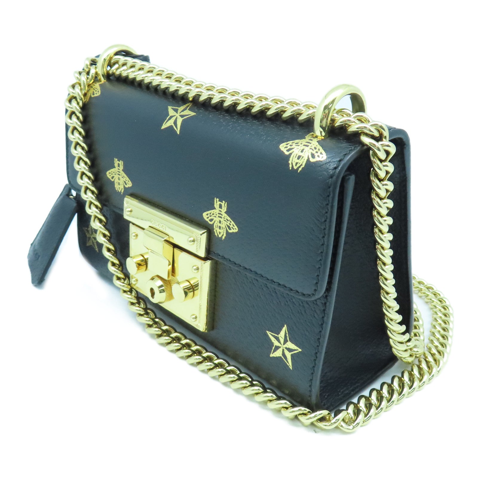 GUCCI 牛皮皮革Padlock Bee Star金扣鏈帶肩背袋黑色