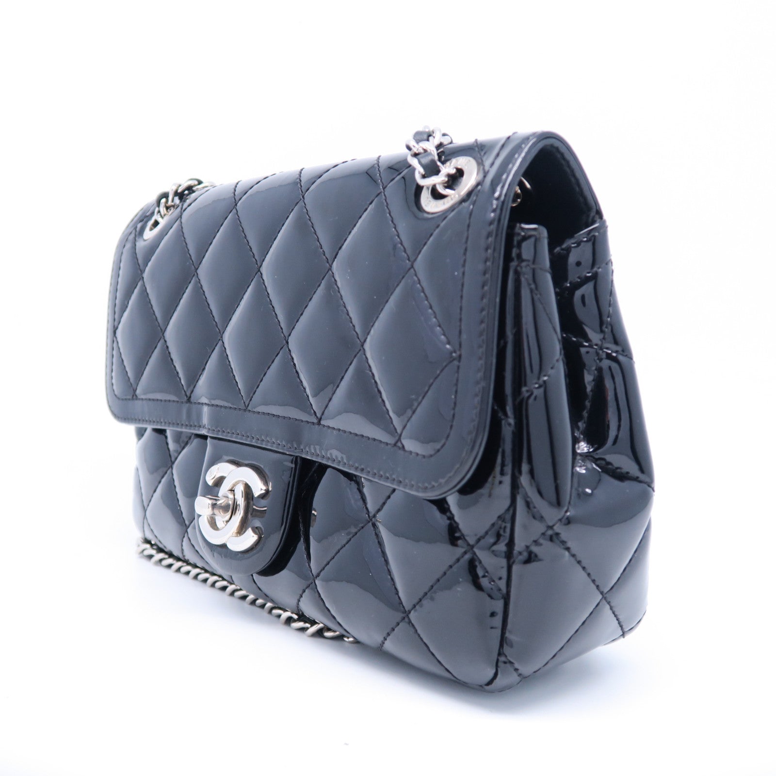 CHANEL 菱格漆皮皮革Chain Shoulder銀扣鏈帶手挽肩背兩用袋黑色