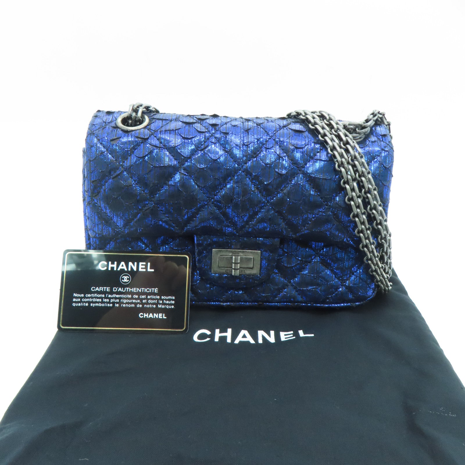CHANEL 【激減優惠】菱格蛇皮皮革Chain Shoulder Bag鏈條銀扣肩背袋藍色