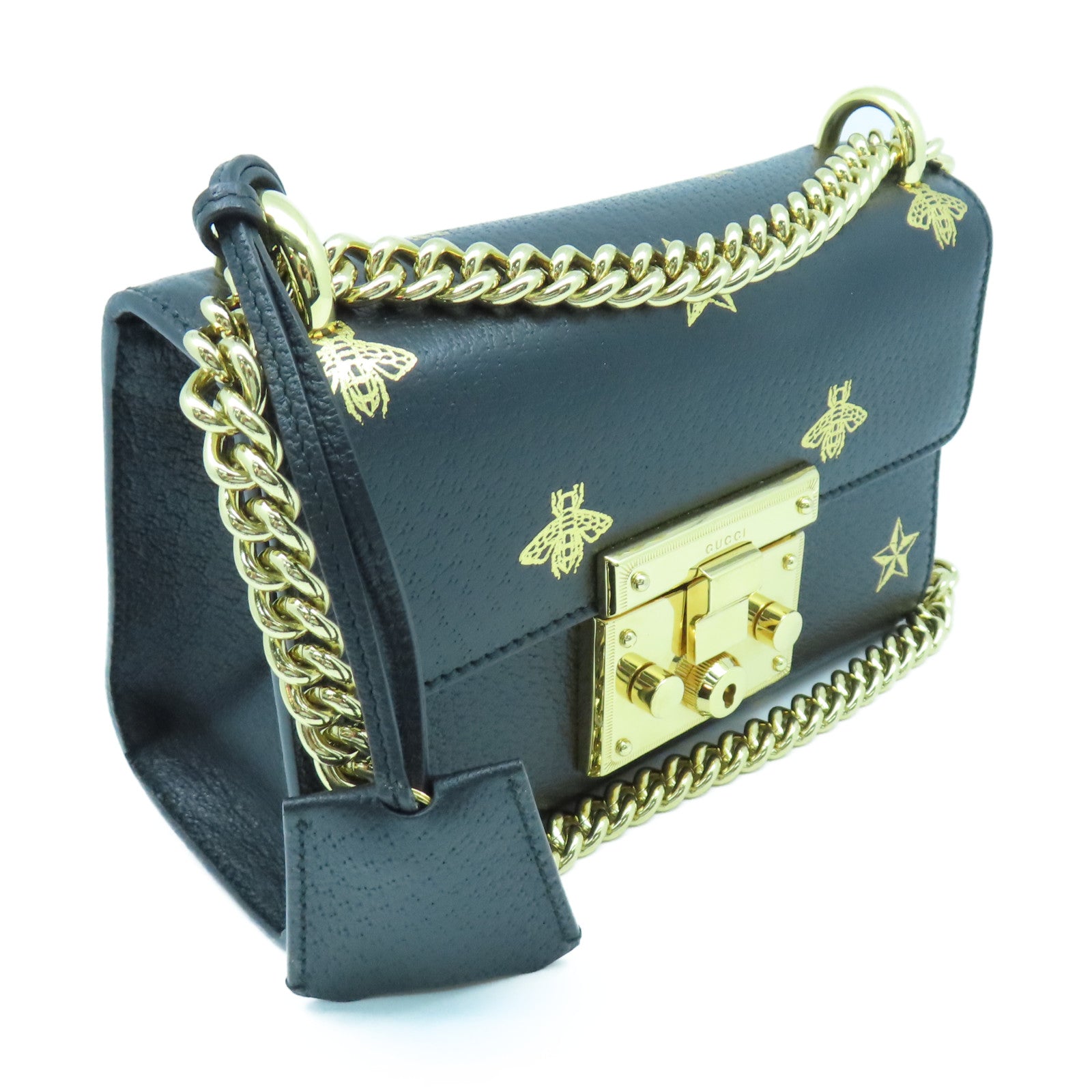 GUCCI 牛皮皮革Padlock Bee Star金扣鏈帶肩背袋黑色