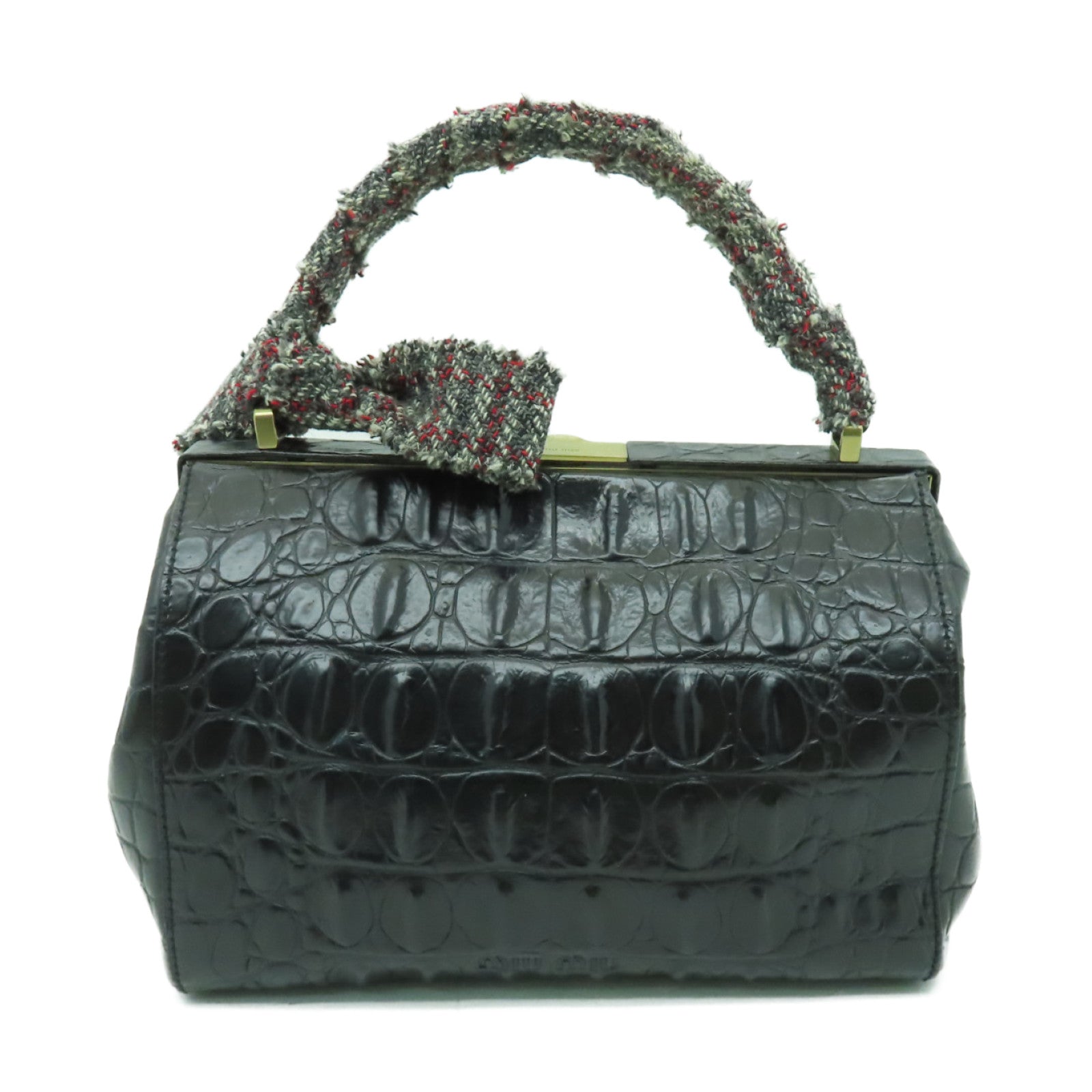 Miu Miu 牛皮皮革/斜紋軟呢Handbag金扣手挽袋黑色