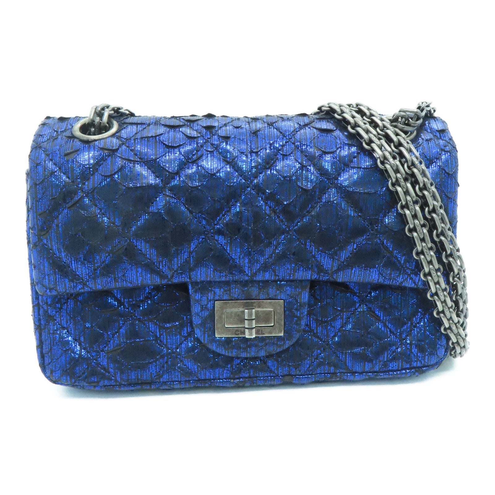 CHANEL 【激減優惠】菱格蛇皮皮革Chain Shoulder Bag鏈條銀扣肩背袋藍色