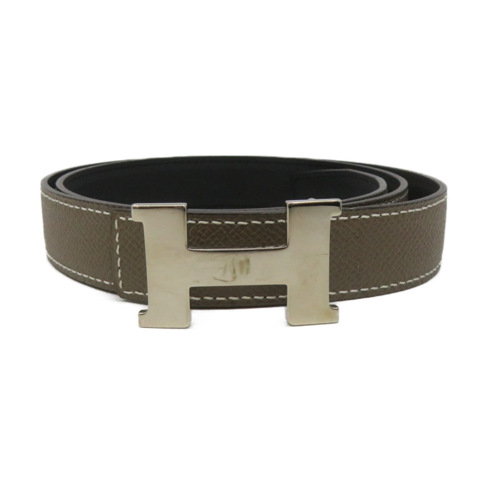 HERMES Epsom Leather/Swiftpige Belt Silver Buckle Leather Belt Black/Etoupe Black/Brown