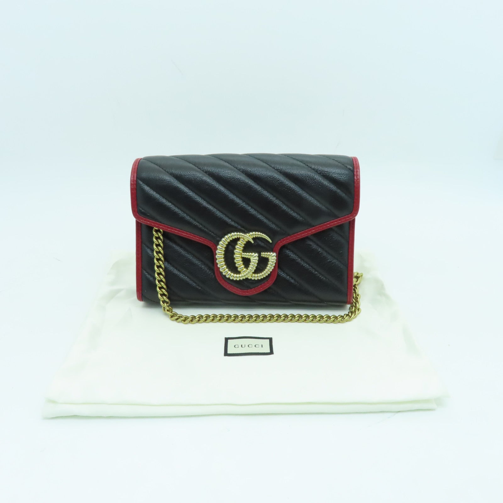 GUCCI 牛皮皮革Wallet On Chain金扣鏈帶肩背袋黑色/紅色