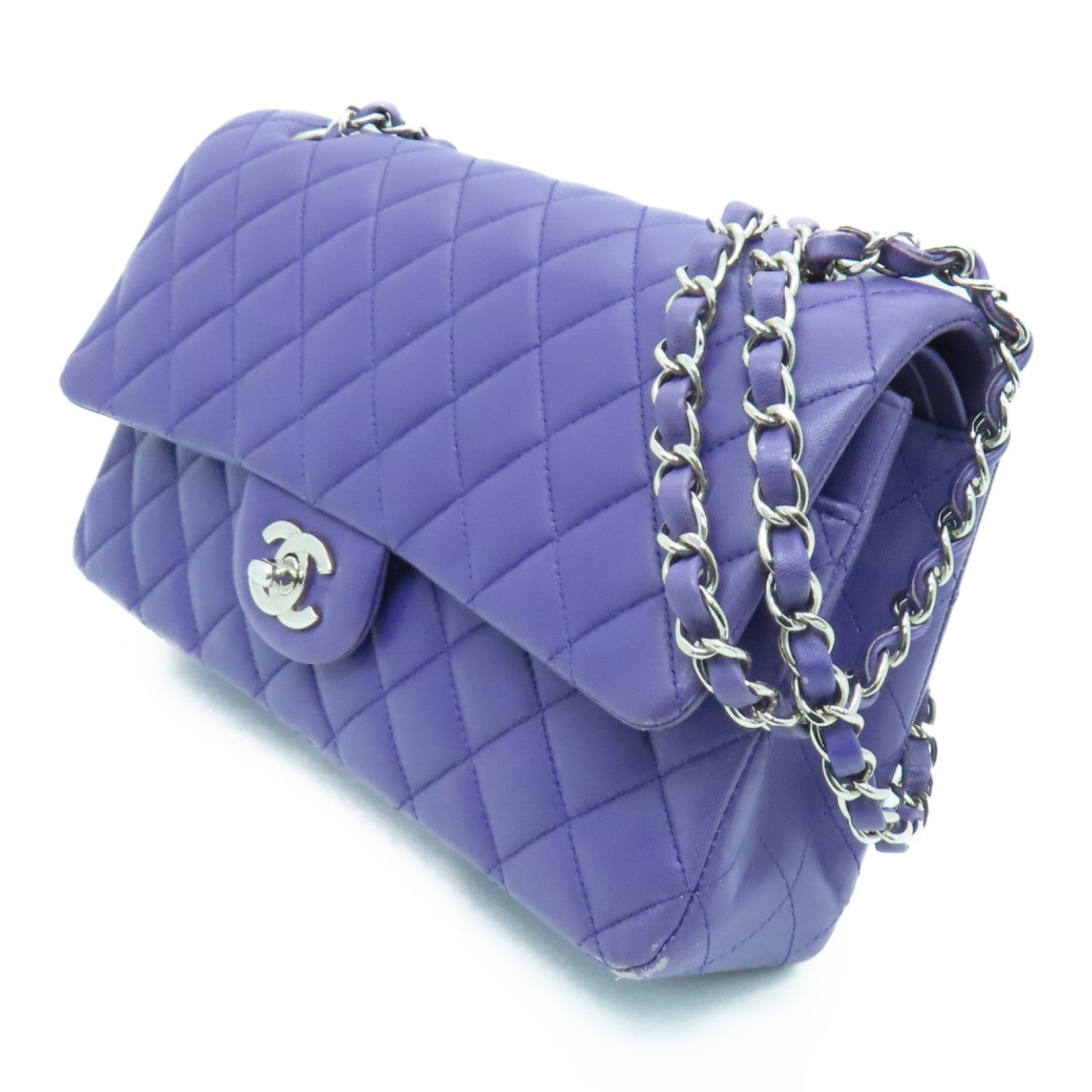 CHANEL Diamond Sheepskin Leather Classic 25cm Silver Buckle Chain Shoulder Bag Purple
