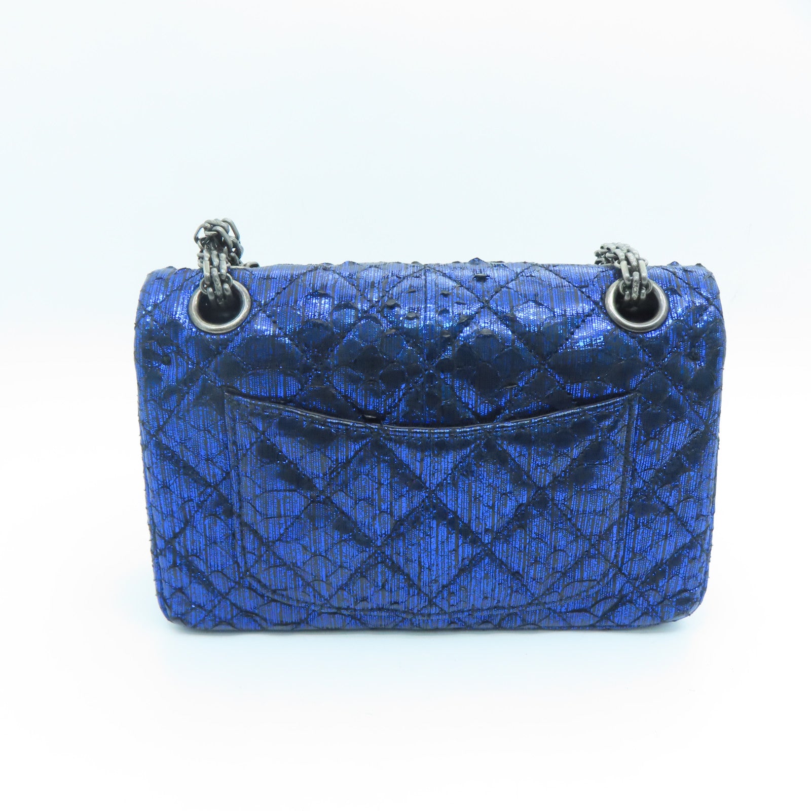CHANEL 【激減優惠】菱格蛇皮皮革Chain Shoulder Bag鏈條銀扣肩背袋藍色