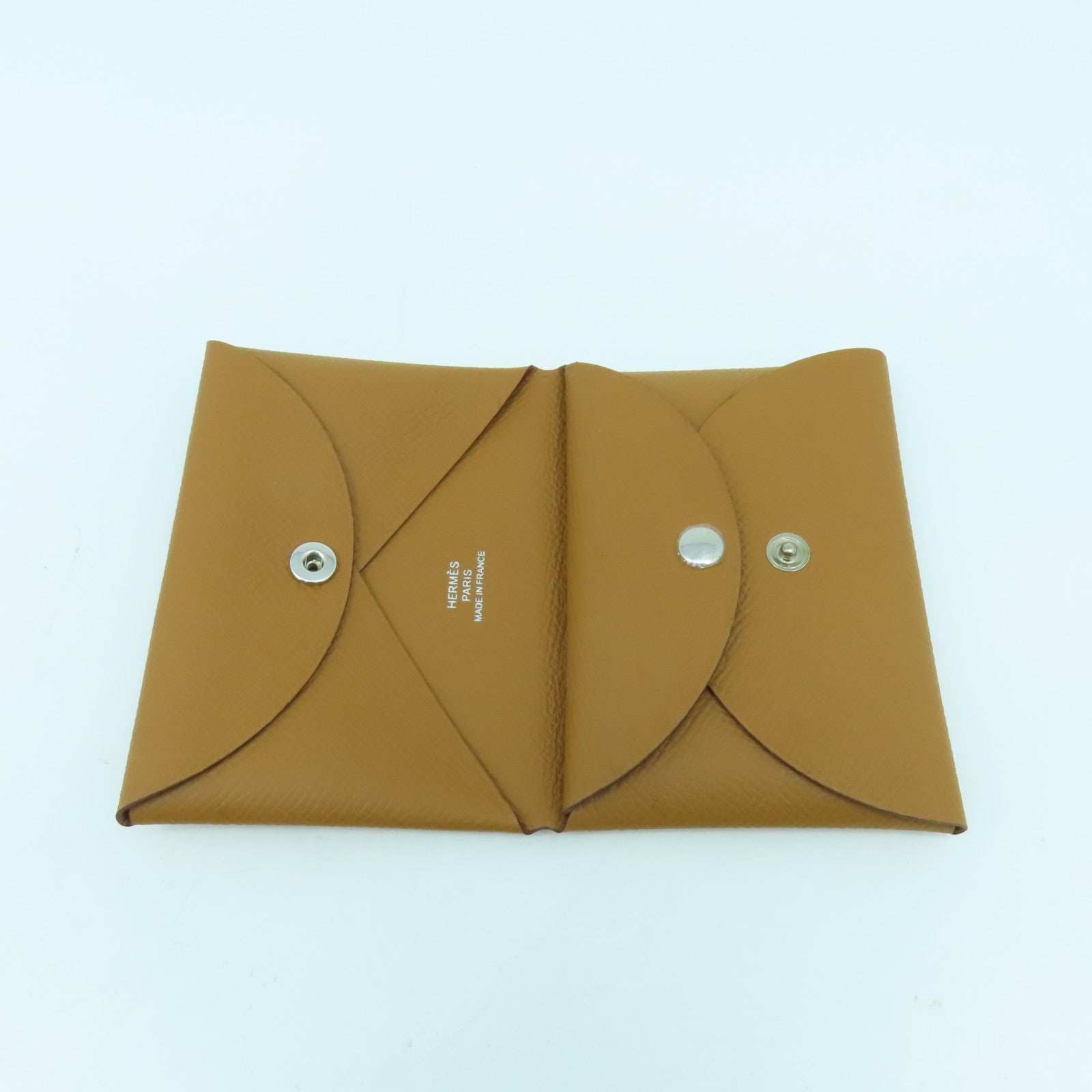 HERMES Epsom皮革Calvi Duo銀扣卡片套Gold經典駝色