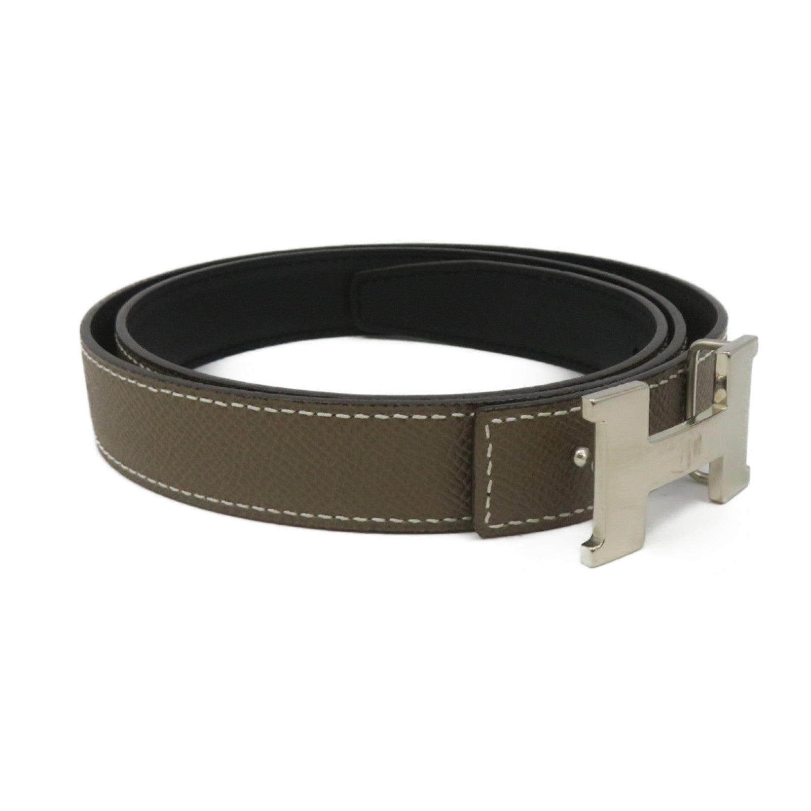 HERMES Epsom Leather/Swiftpige Belt Silver Buckle Leather Belt Black/Etoupe Black/Brown