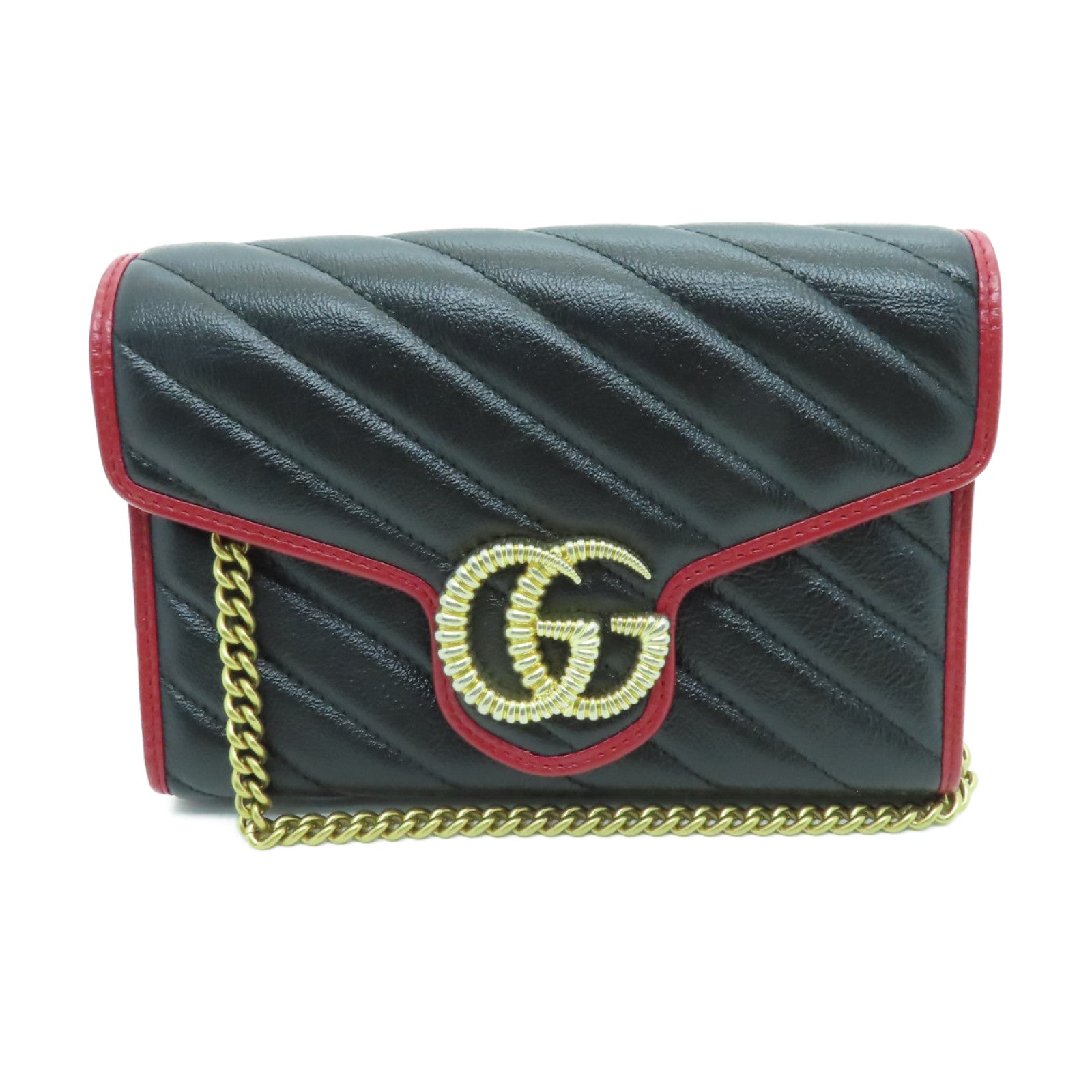 GUCCI 牛皮皮革Wallet On Chain金扣鏈帶肩背袋黑色/紅色