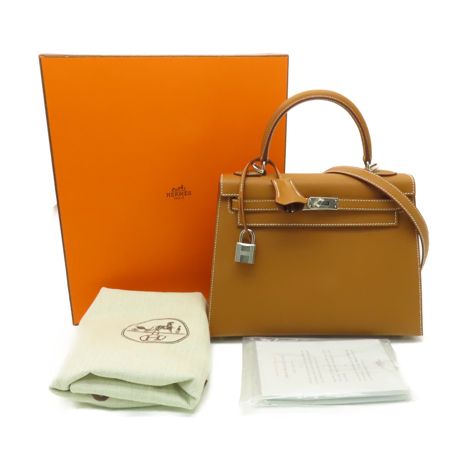 HERMES Epsom皮革Kelly 25銀扣手挽肩背兩用袋 Gold棕色