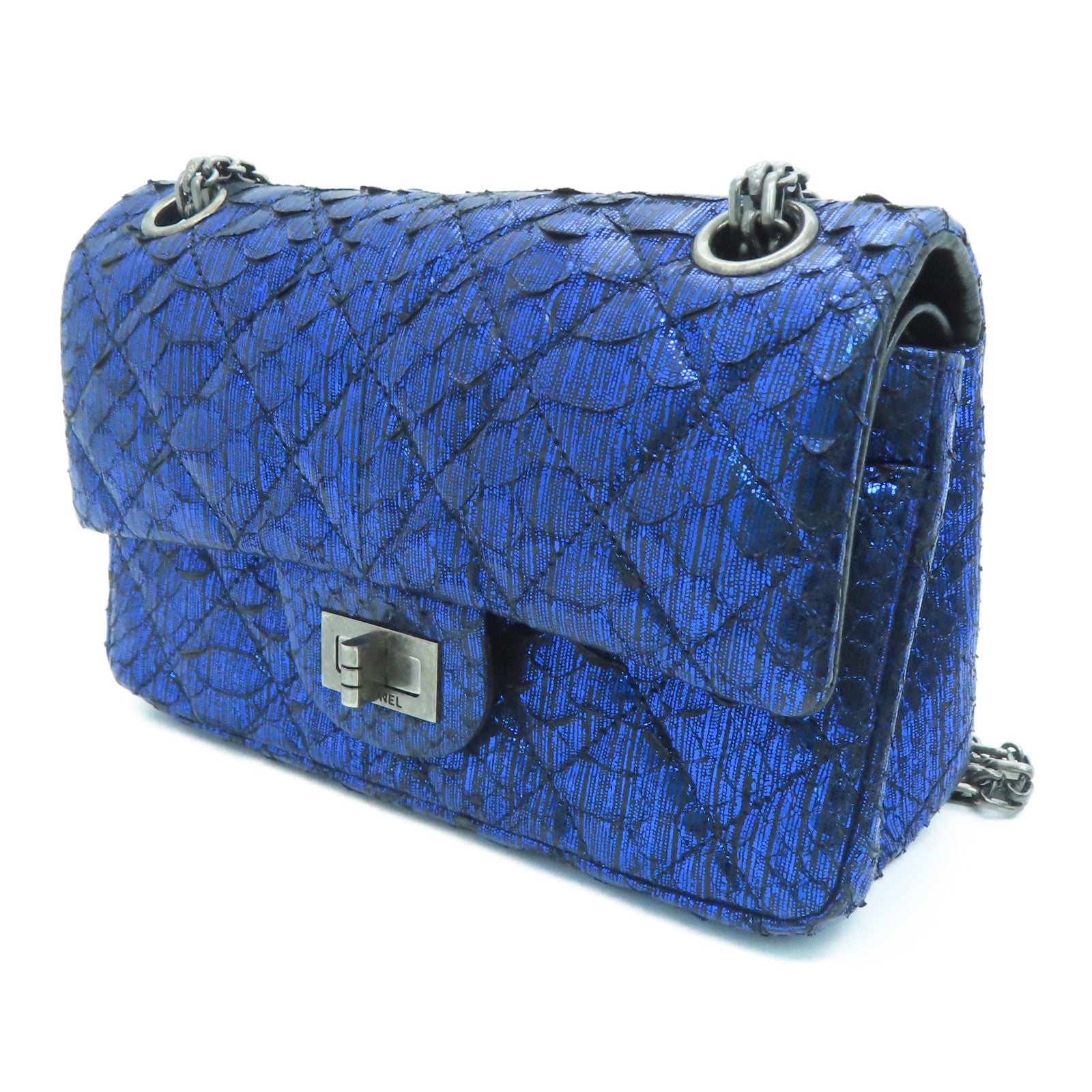 CHANEL 【激減優惠】菱格蛇皮皮革Chain Shoulder Bag鏈條銀扣肩背袋藍色