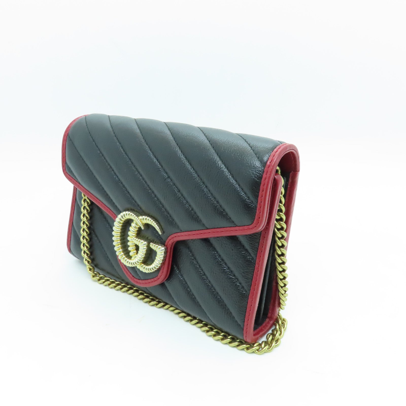GUCCI 牛皮皮革Wallet On Chain金扣鏈帶肩背袋黑色/紅色