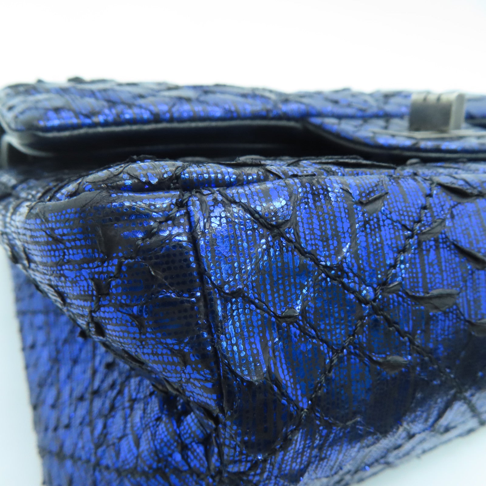CHANEL 【激減優惠】菱格蛇皮皮革Chain Shoulder Bag鏈條銀扣肩背袋藍色