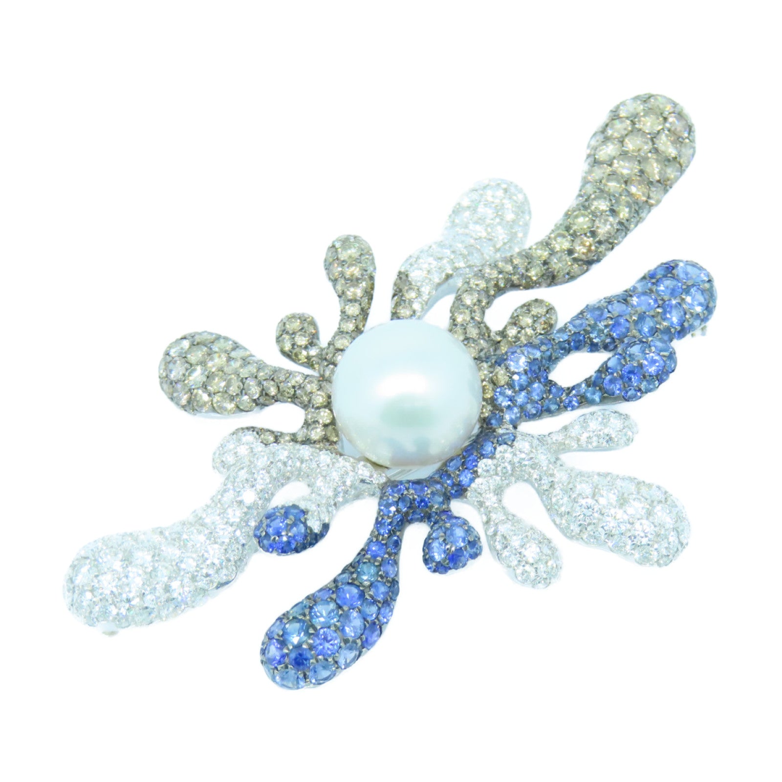 JEWELRY 18K White Gold Sapphire Diamond Pearl Brooch 11.40ct Sapphire/27.19ct Diamond Pearl Brooch