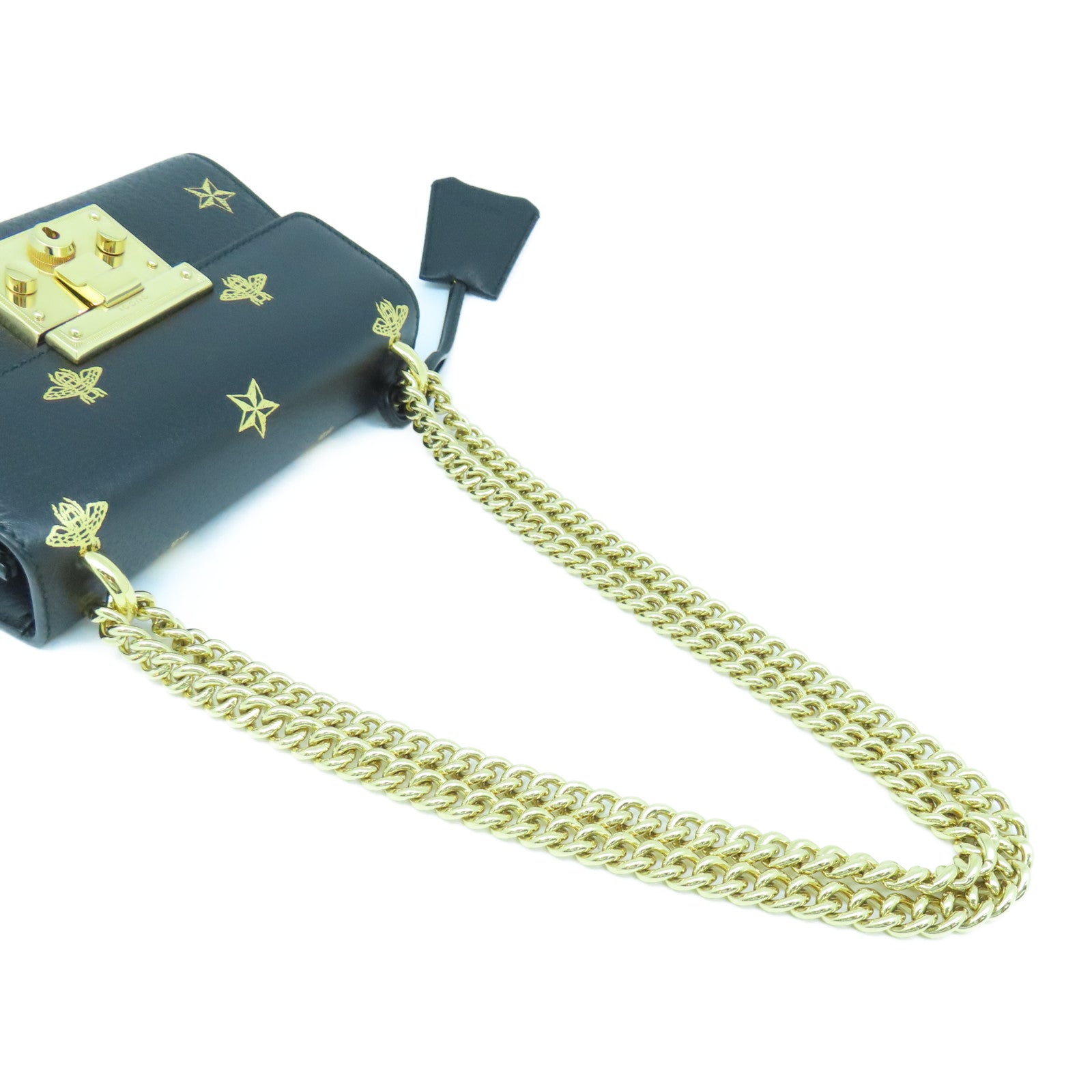 GUCCI 牛皮皮革Padlock Bee Star金扣鏈帶肩背袋黑色