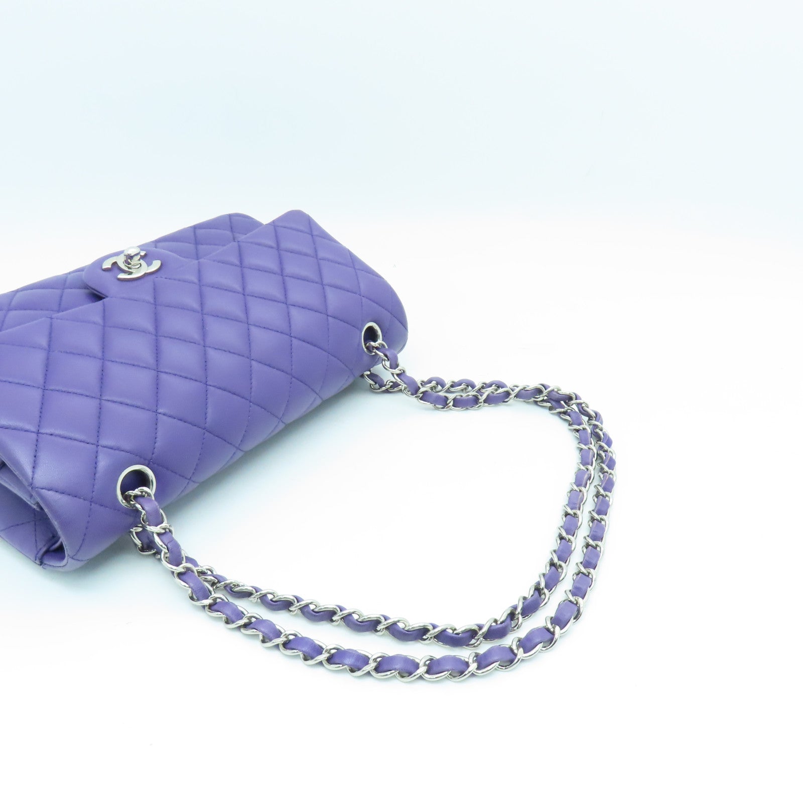 CHANEL Diamond Sheepskin Leather Classic 25cm Silver Buckle Chain Shoulder Bag Purple