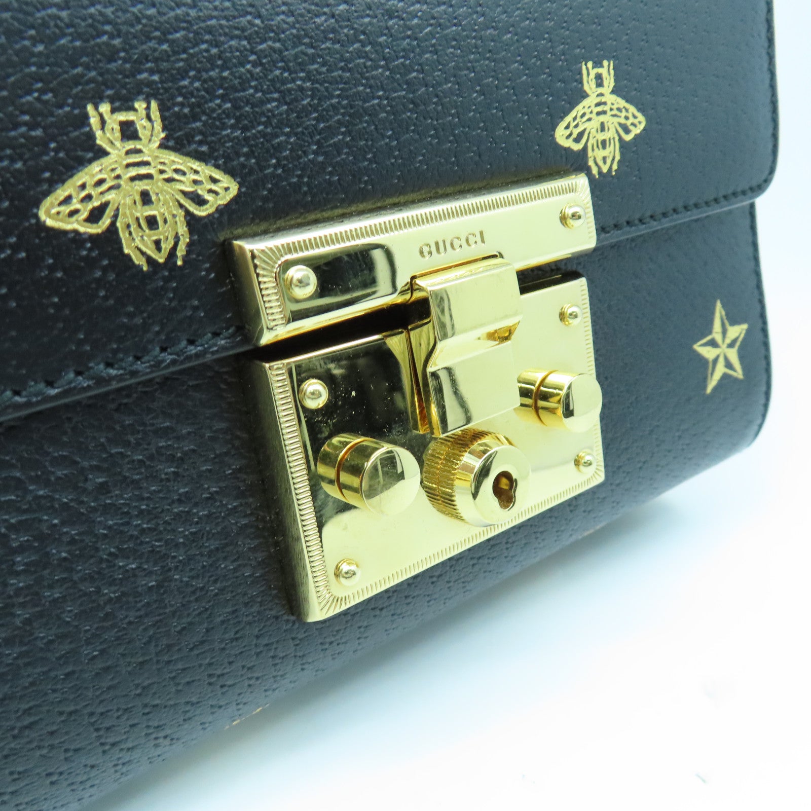 GUCCI 牛皮皮革Padlock Bee Star金扣鏈帶肩背袋黑色