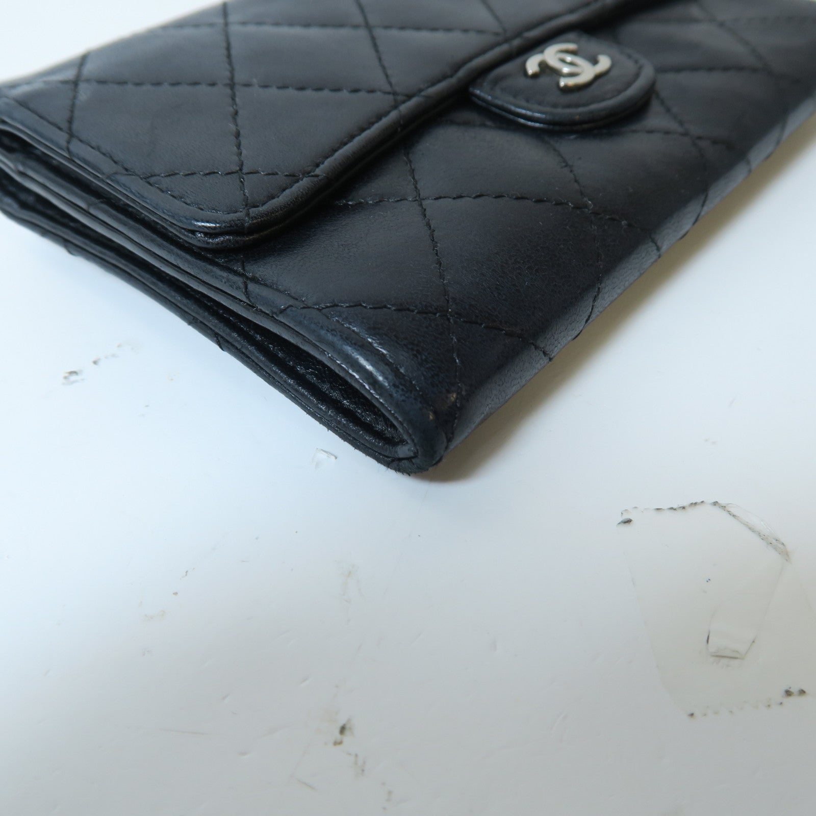 CHANEL 菱格羊皮皮革Small Wallet銀扣紐扣錢包黑色