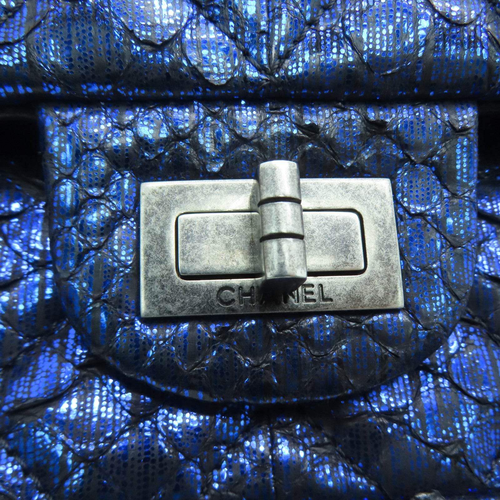 CHANEL 【激減優惠】菱格蛇皮皮革Chain Shoulder Bag鏈條銀扣肩背袋藍色