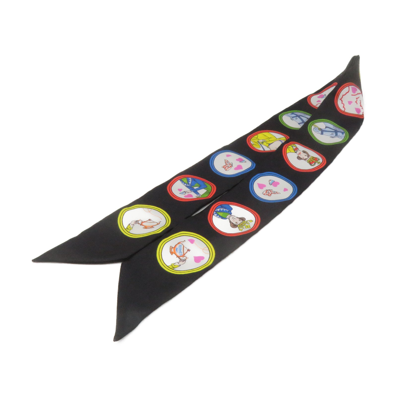 HERMES 絲質Twilly Scarf絲巾黑色/彩色