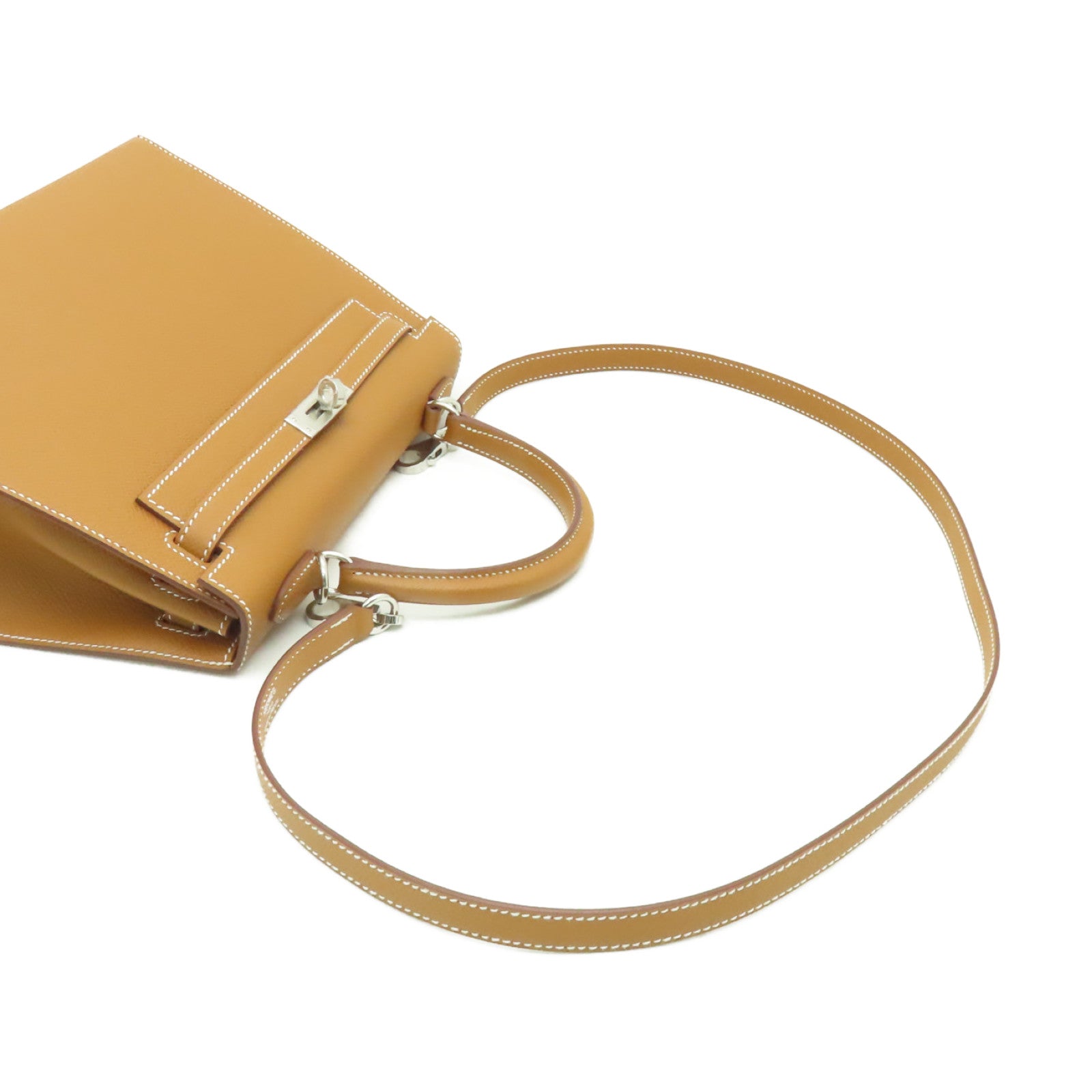 HERMES Epsom皮革Kelly 25銀扣手挽肩背兩用袋 Gold棕色