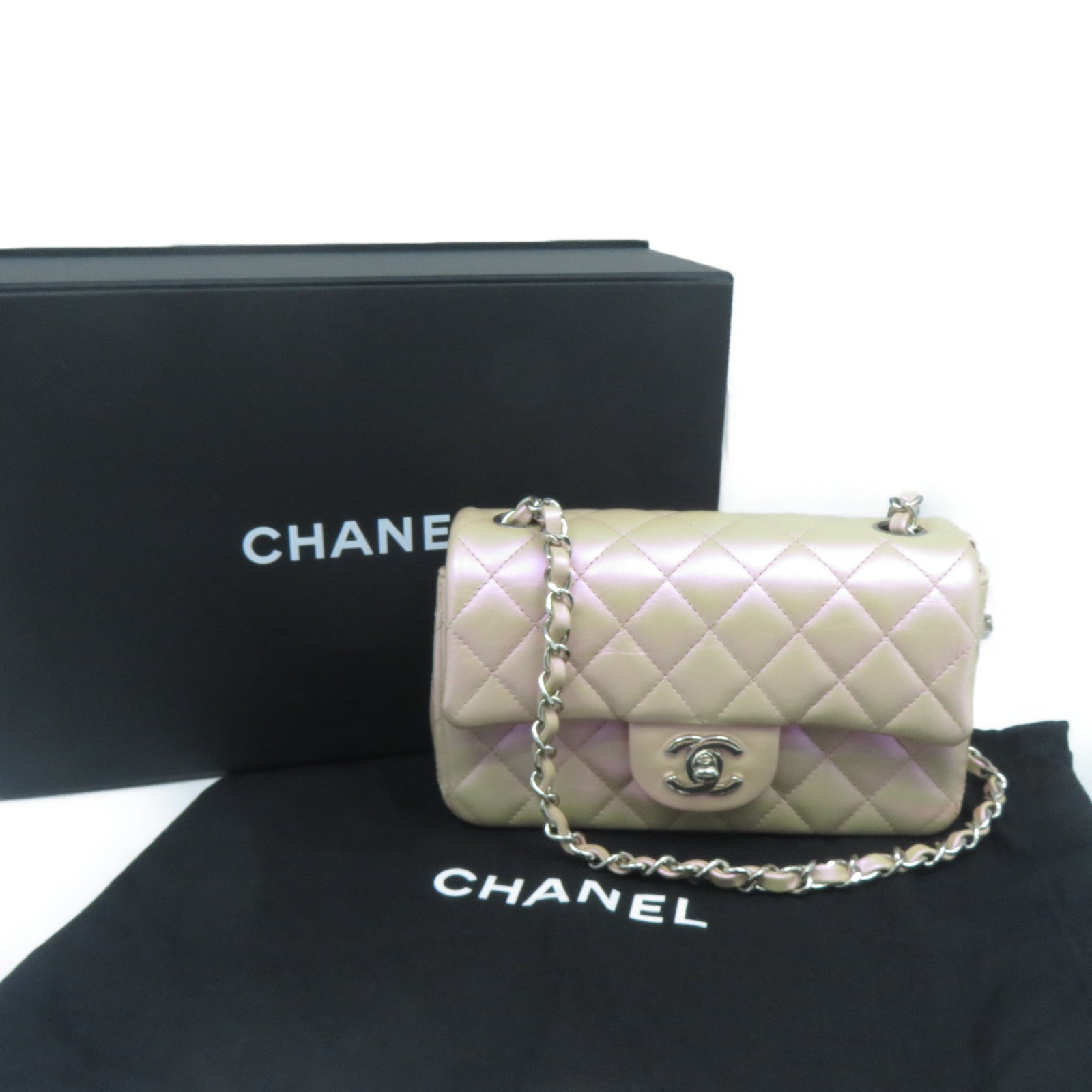 CHANEL 菱格皮革Mini 20cm銀扣鏈帶肩背袋幻彩粉紅色