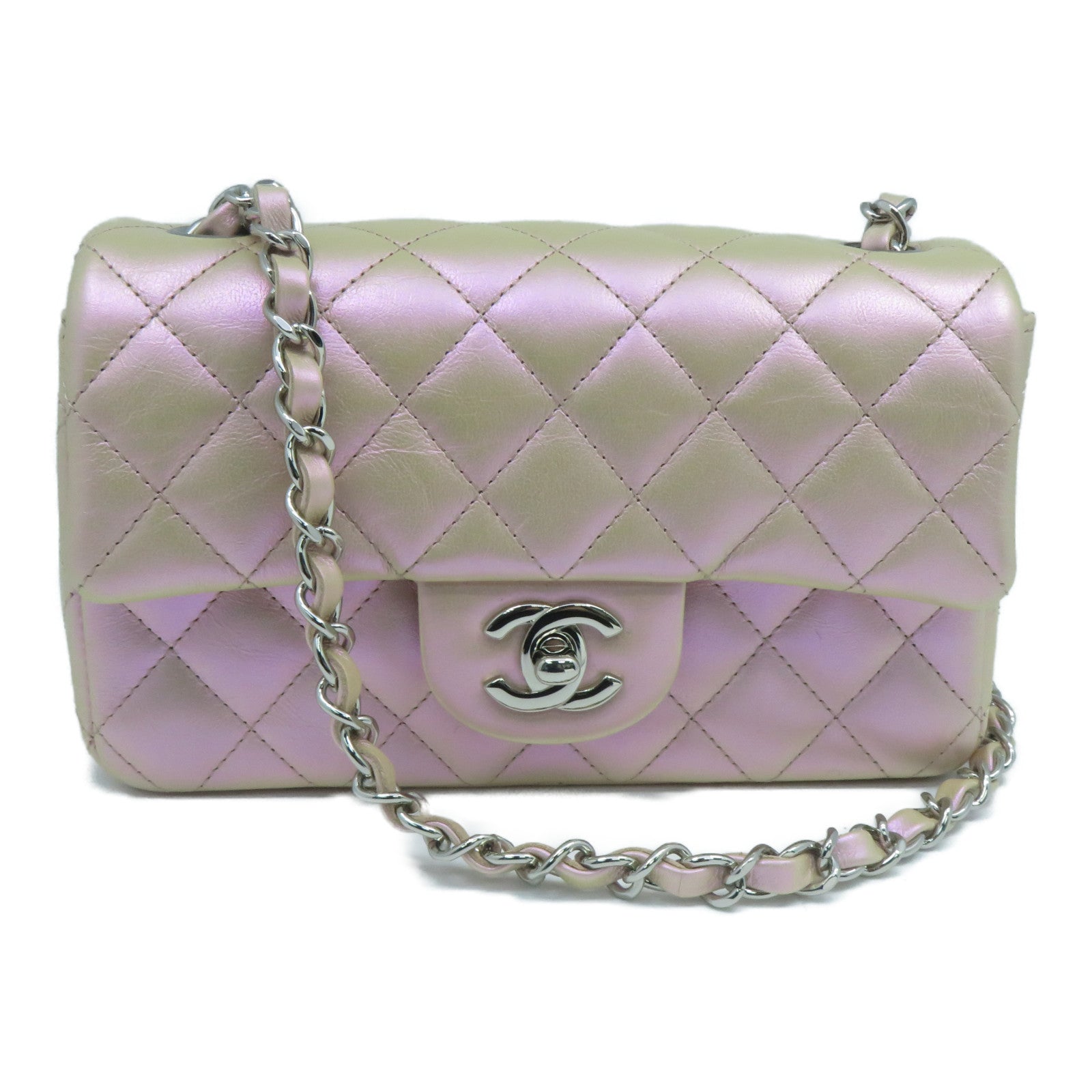 CHANEL 菱格皮革Mini 20cm銀扣鏈帶肩背袋幻彩粉紅色