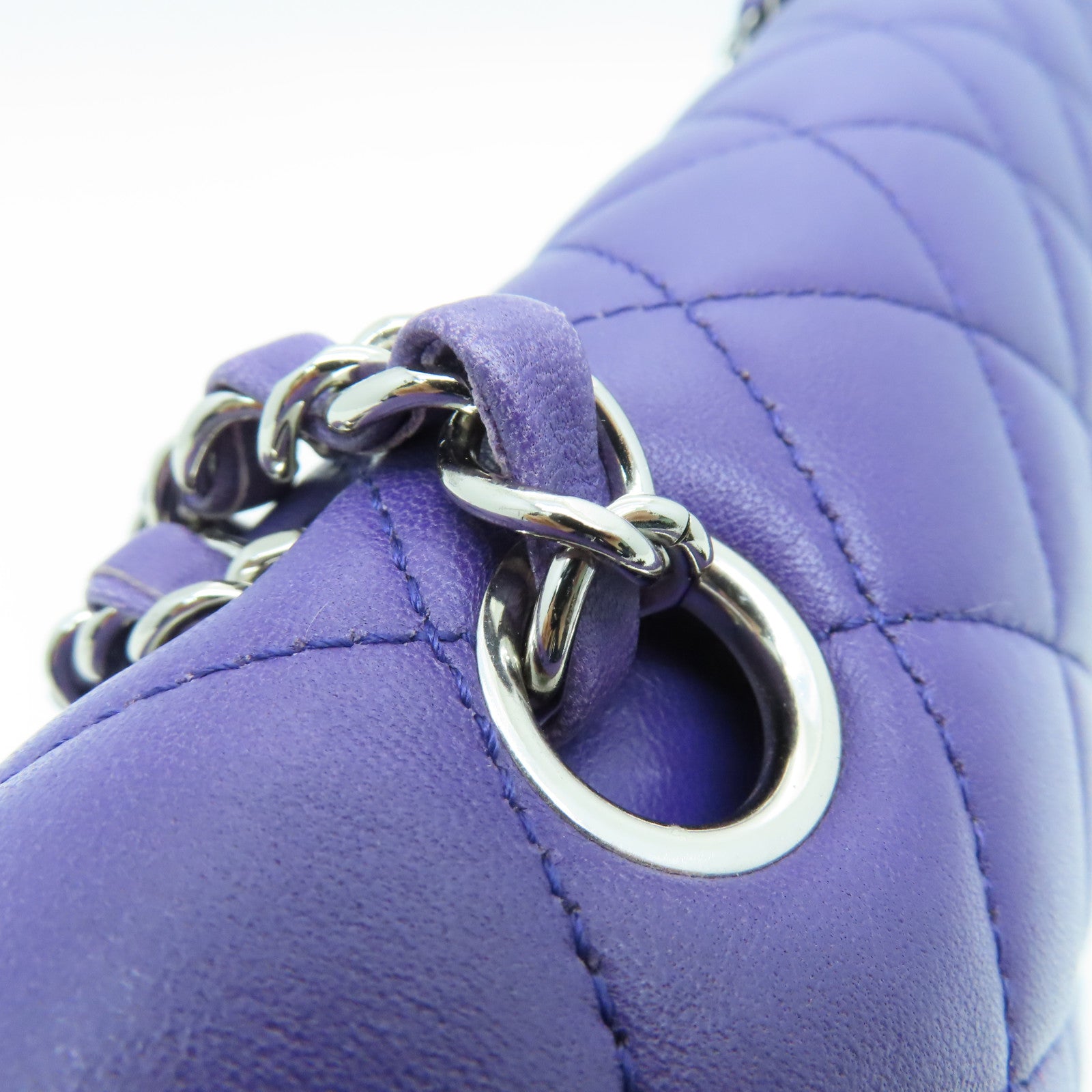 CHANEL Diamond Sheepskin Leather Classic 25cm Silver Buckle Chain Shoulder Bag Purple