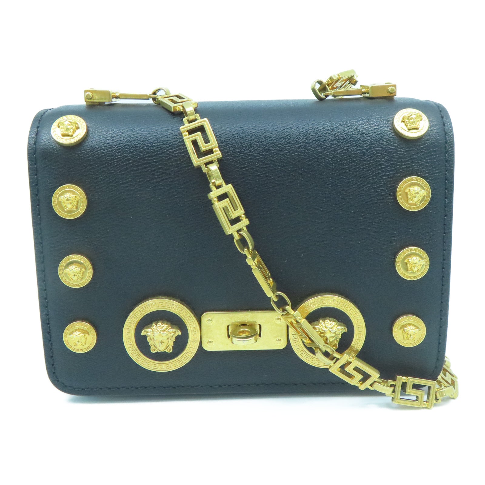 VERSACE 牛皮皮革Chain Shoulder金扣鏈帶肩背袋黑色
