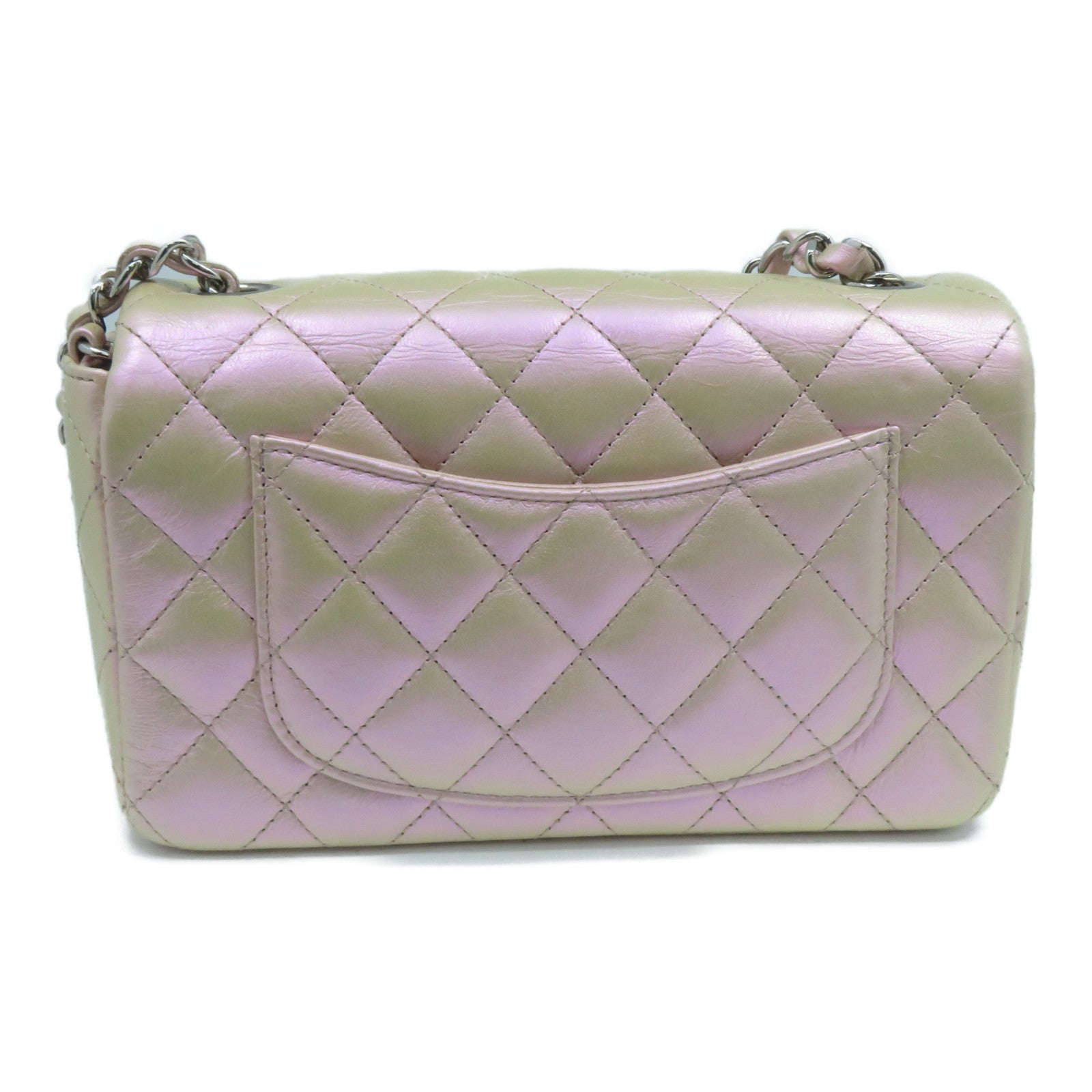 CHANEL 菱格皮革Mini 20cm銀扣鏈帶肩背袋幻彩粉紅色