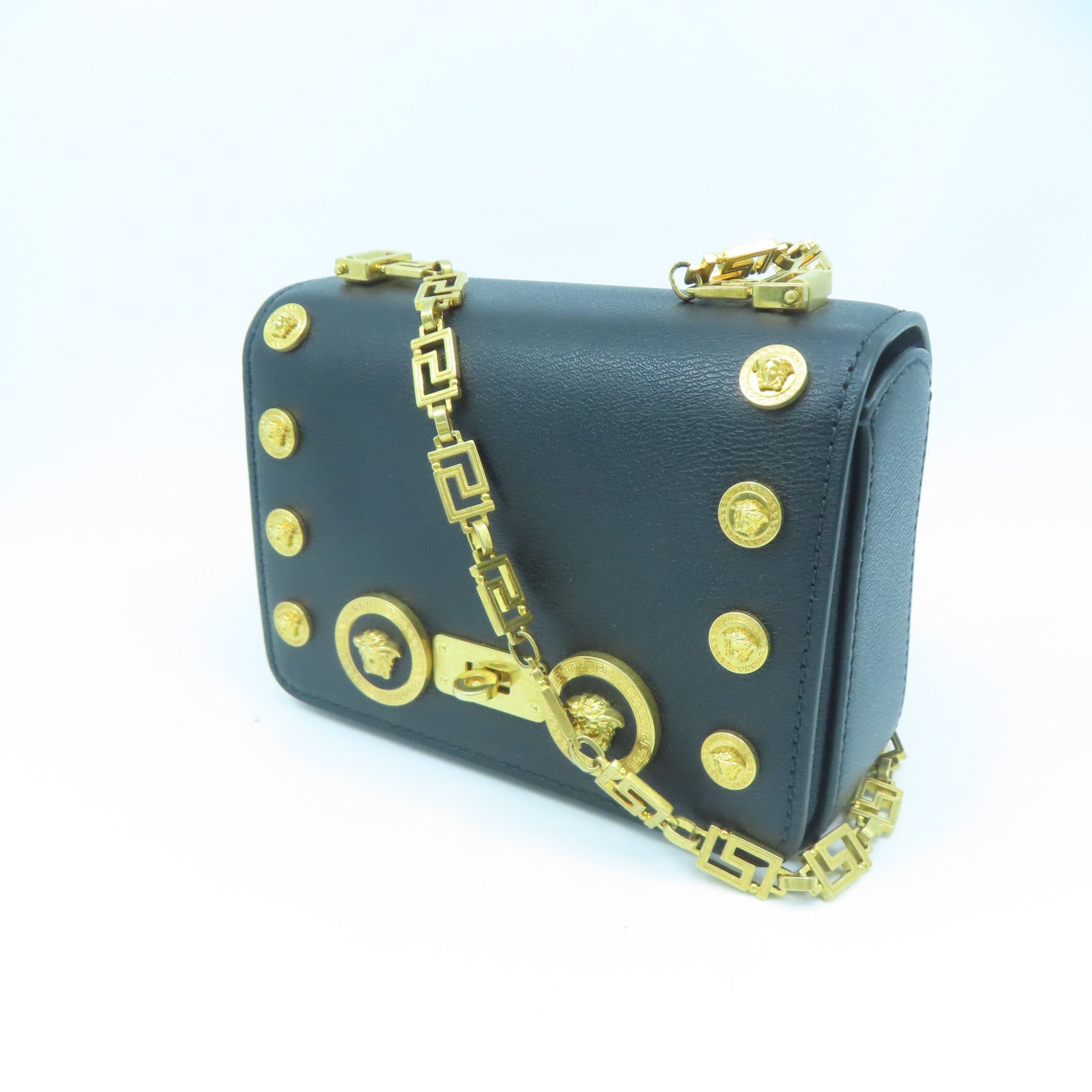 VERSACE 牛皮皮革Chain Shoulder金扣鏈帶肩背袋黑色