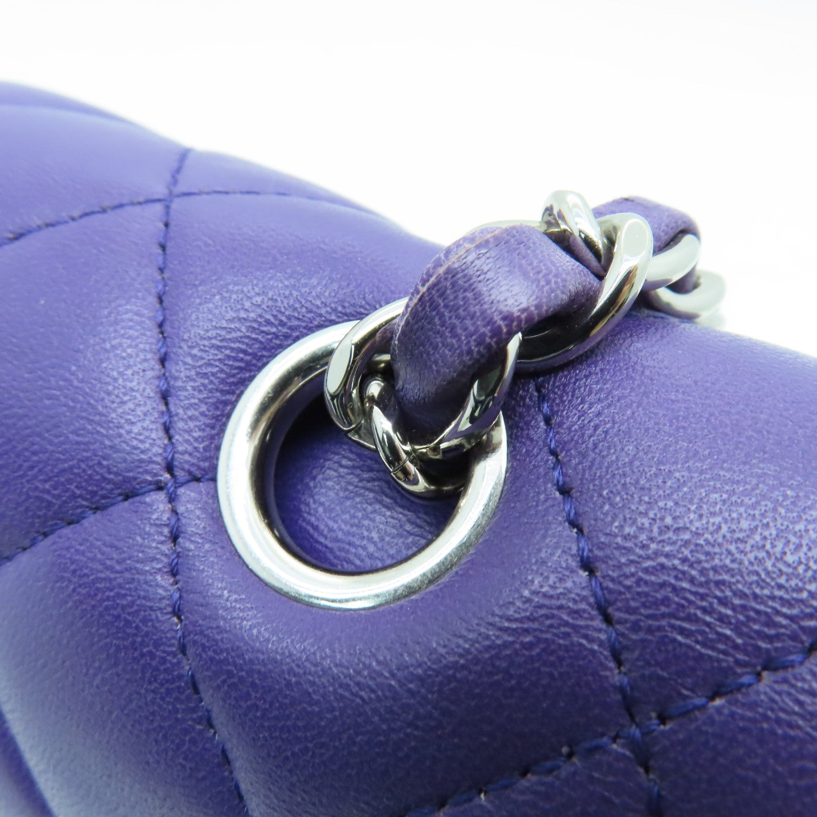 CHANEL Diamond Sheepskin Leather Classic 25cm Silver Buckle Chain Shoulder Bag Purple