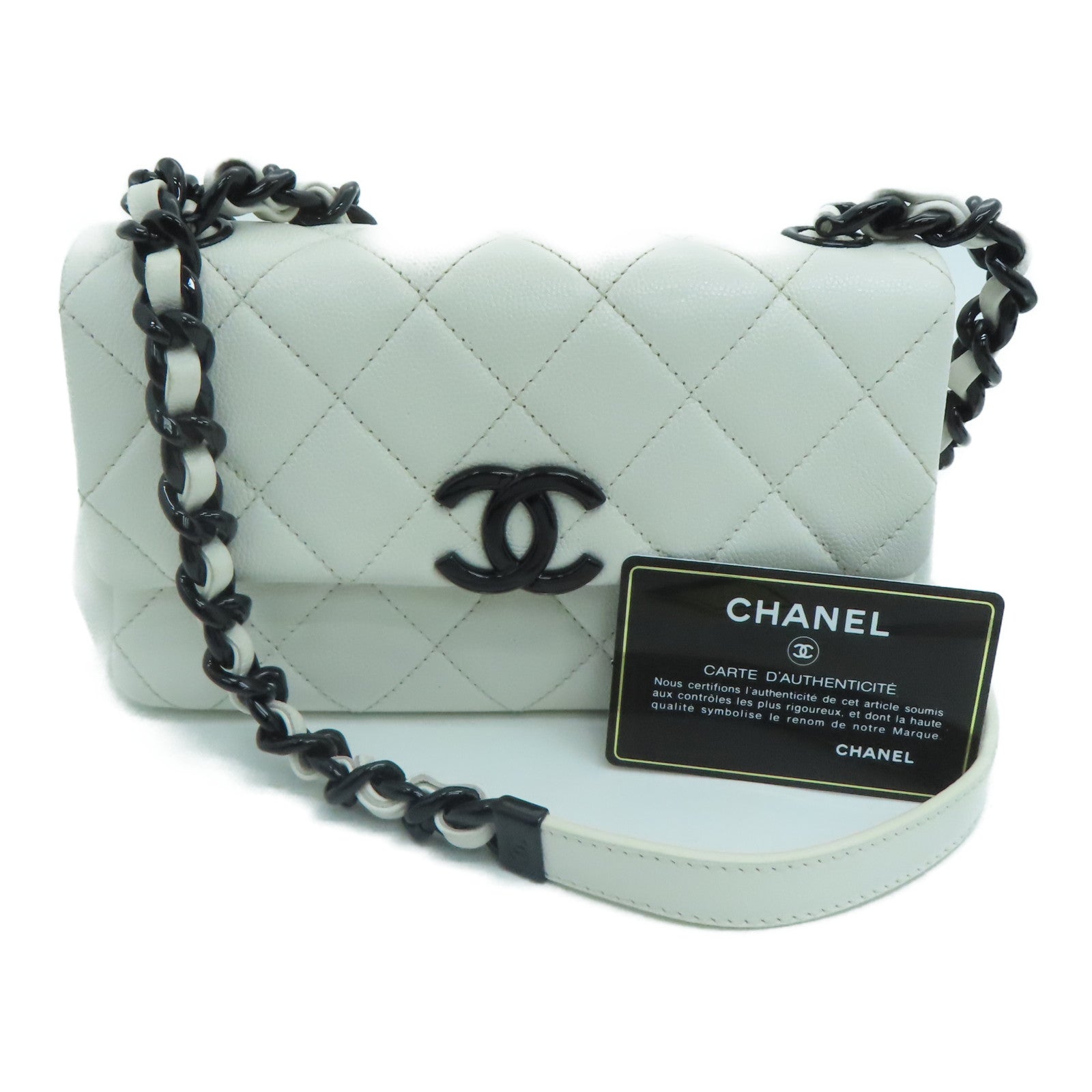CHANEL Rhombus Caviar Chain Shoulder Bag Silver Buckle Chain Belt Shoulder Bag White