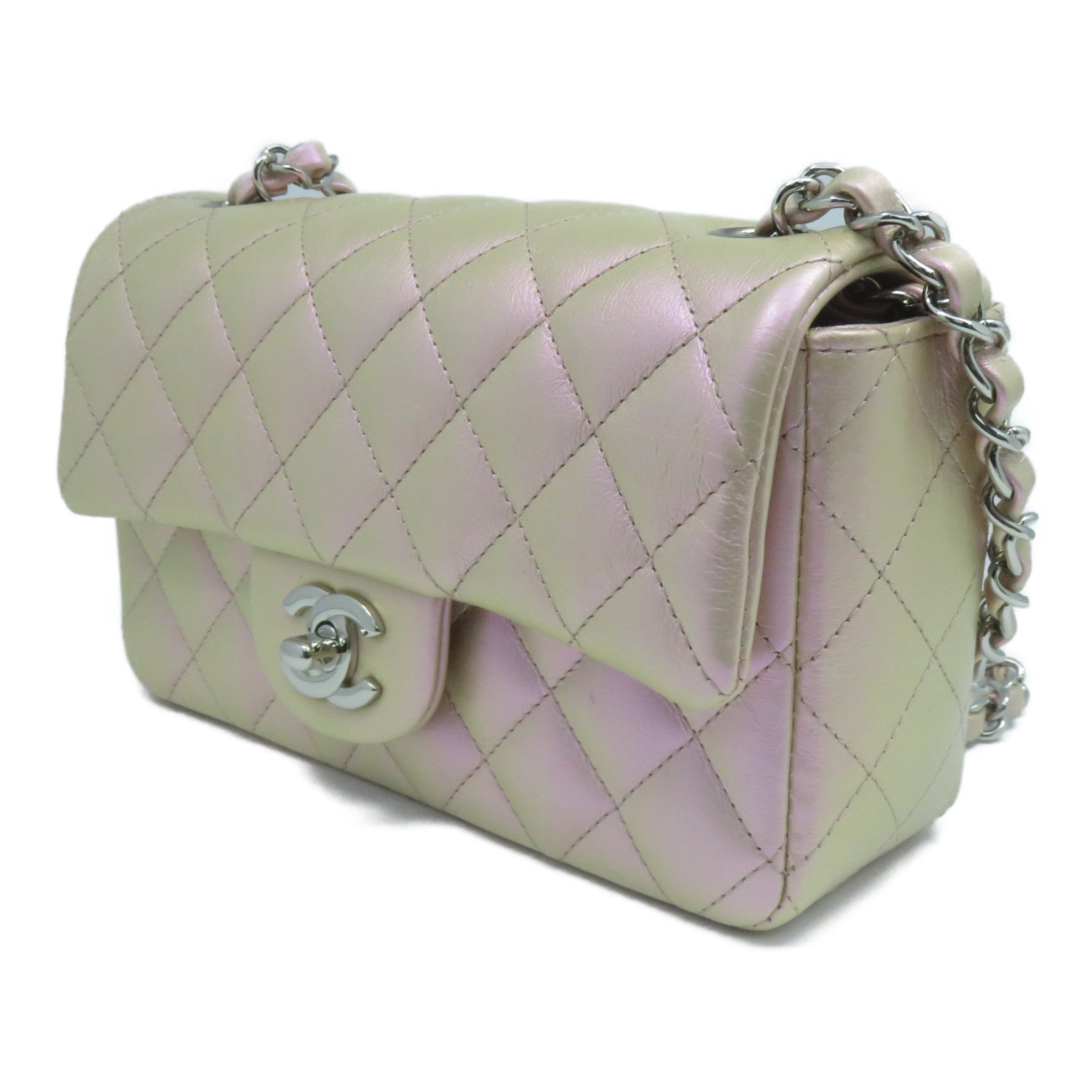 CHANEL 菱格皮革Mini 20cm銀扣鏈帶肩背袋幻彩粉紅色