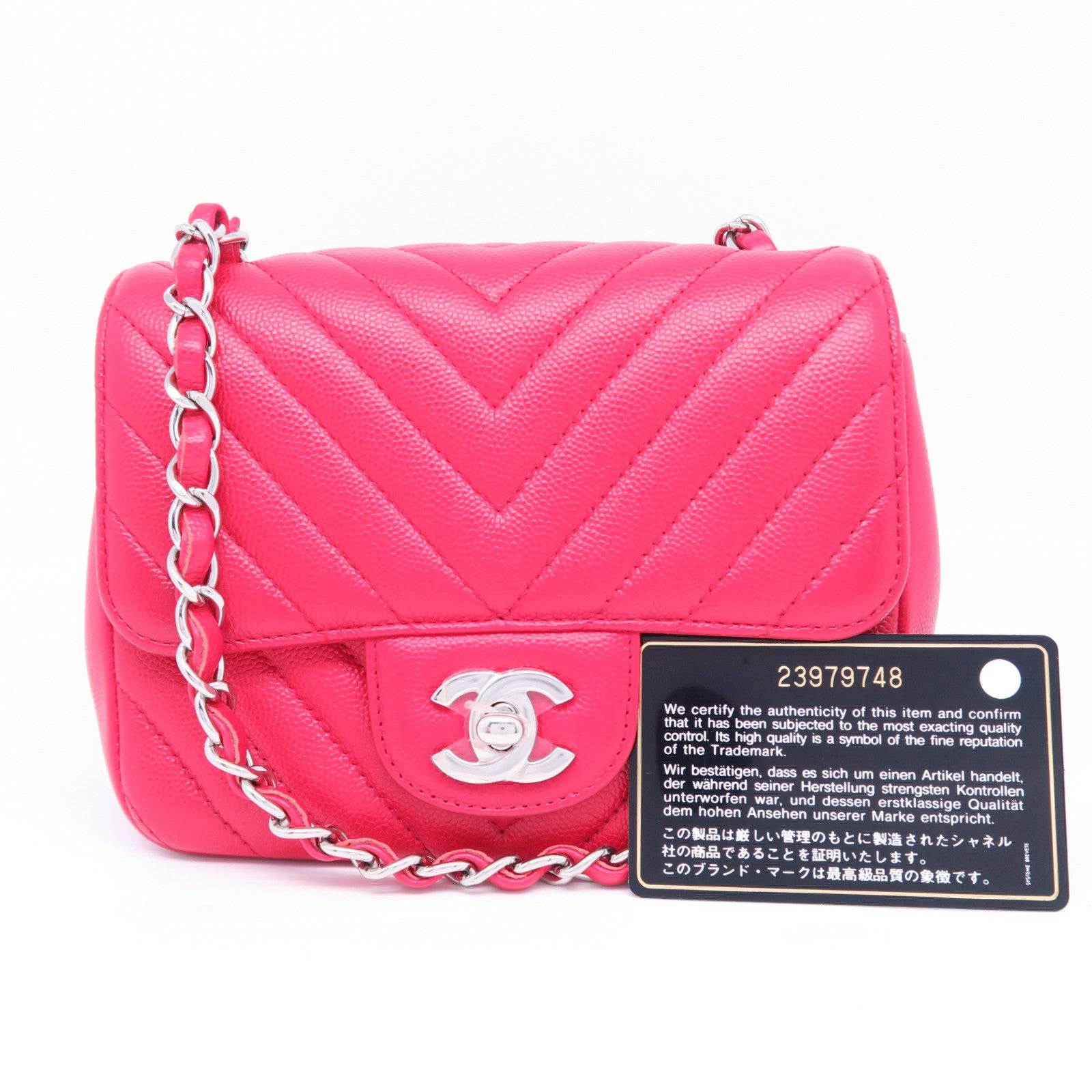 CHANEL 斜紋Caviar皮革Mini Flap銀扣鏈帶肩背袋紅色