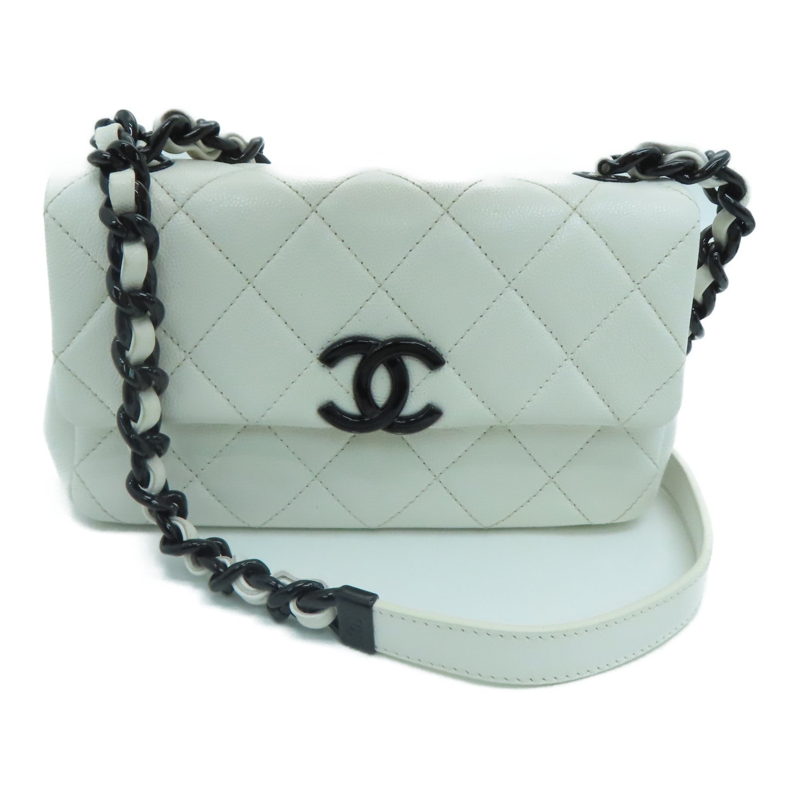 CHANEL Rhombus Caviar Chain Shoulder Bag Silver Buckle Chain Belt Shoulder Bag White