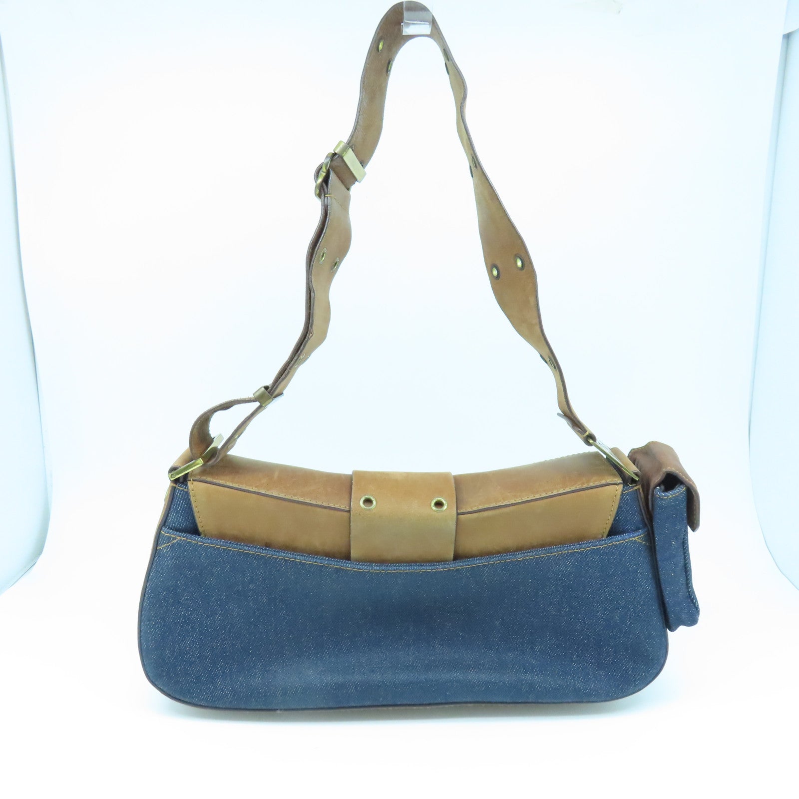 Dior 皮革牛仔布Shoulder Bag金扣肩背袋藍色