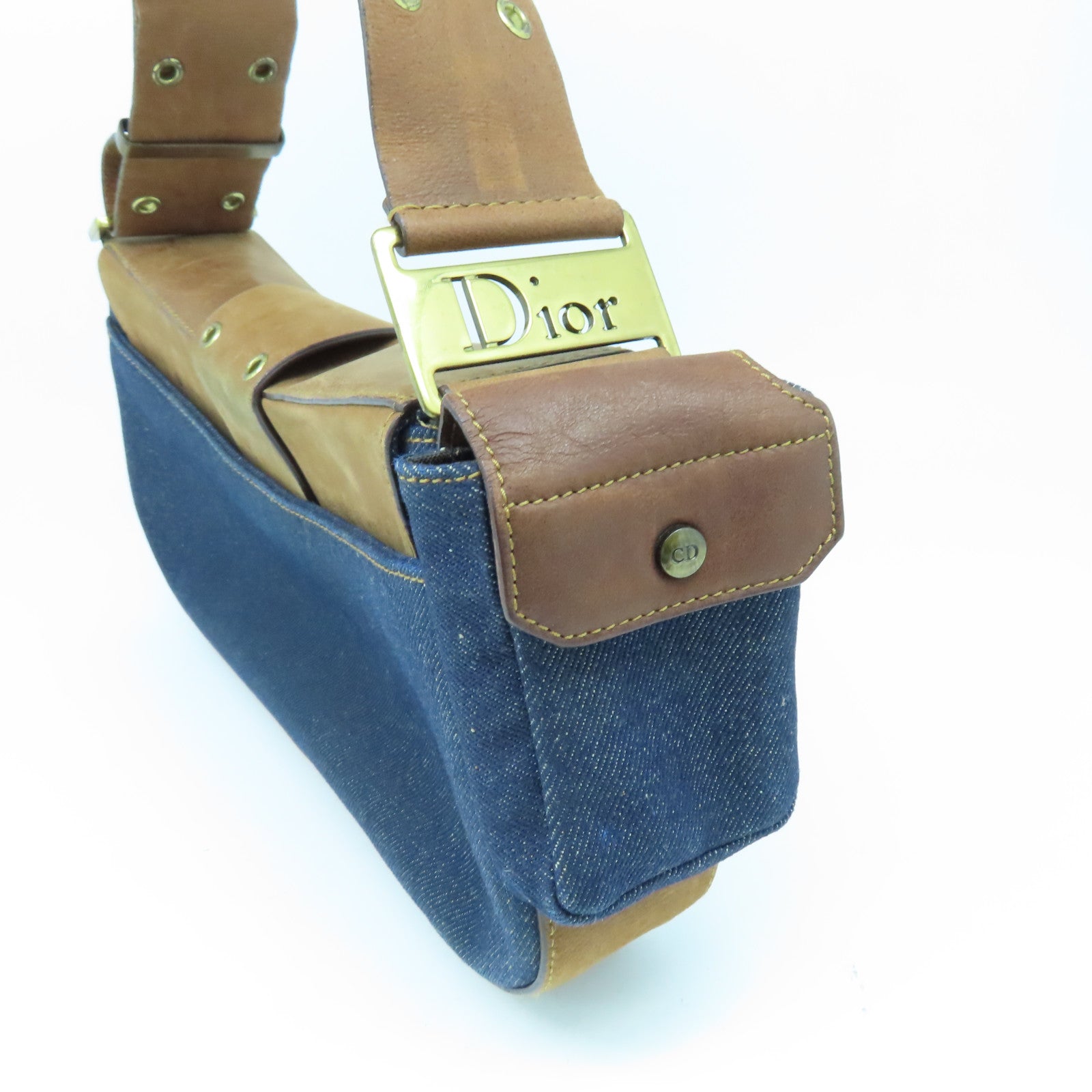 Dior 皮革牛仔布Shoulder Bag金扣肩背袋藍色