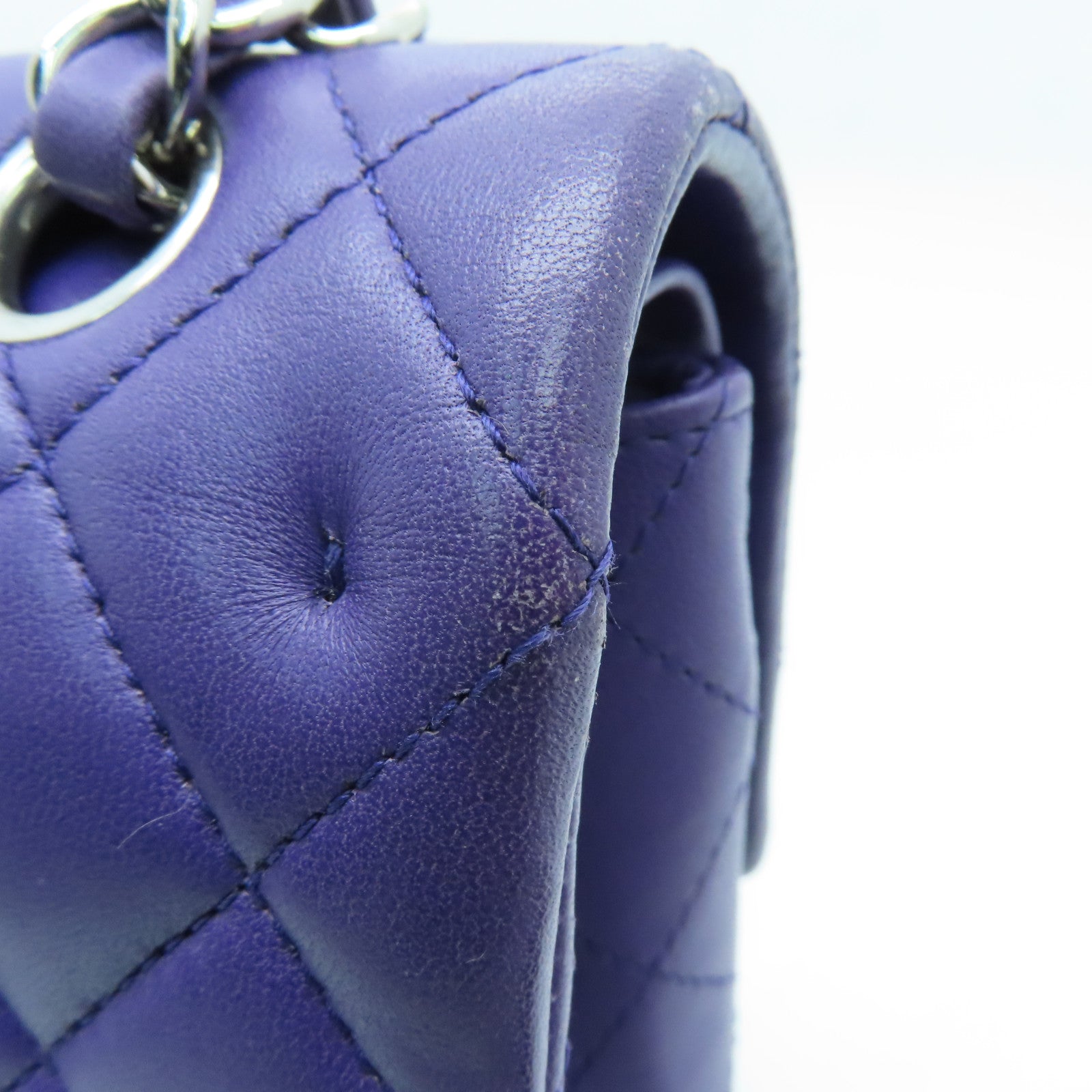 CHANEL Diamond Sheepskin Leather Classic 25cm Silver Buckle Chain Shoulder Bag Purple