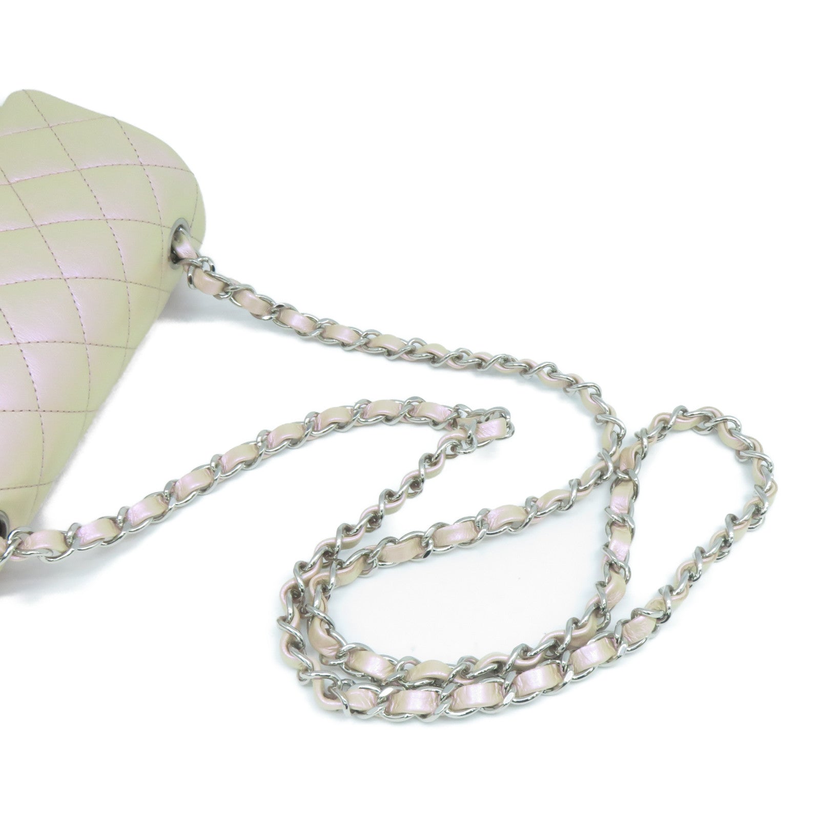 CHANEL 菱格皮革Mini 20cm銀扣鏈帶肩背袋幻彩粉紅色