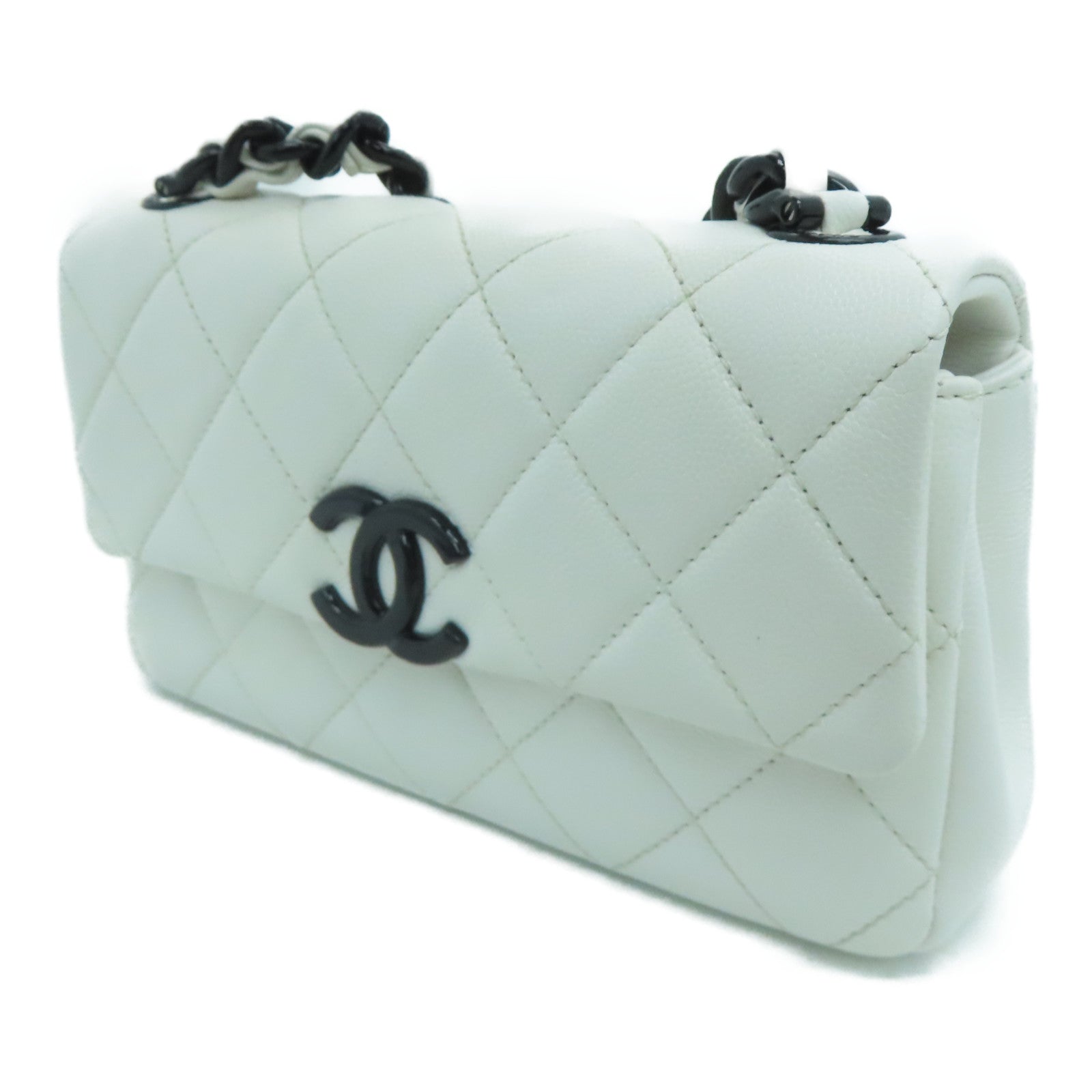 CHANEL Rhombus Caviar Chain Shoulder Bag Silver Buckle Chain Belt Shoulder Bag White
