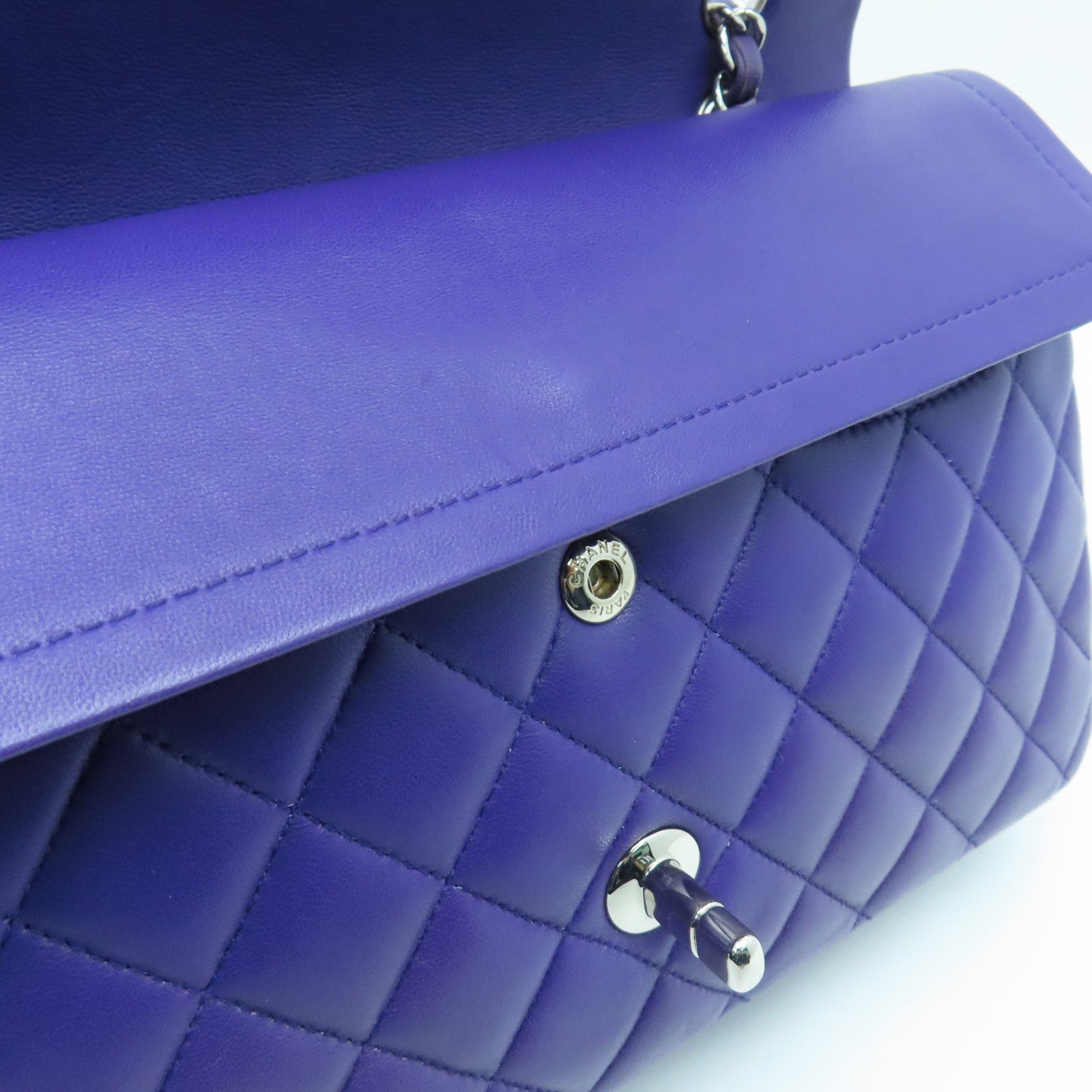 CHANEL Diamond Sheepskin Leather Classic 25cm Silver Buckle Chain Shoulder Bag Purple