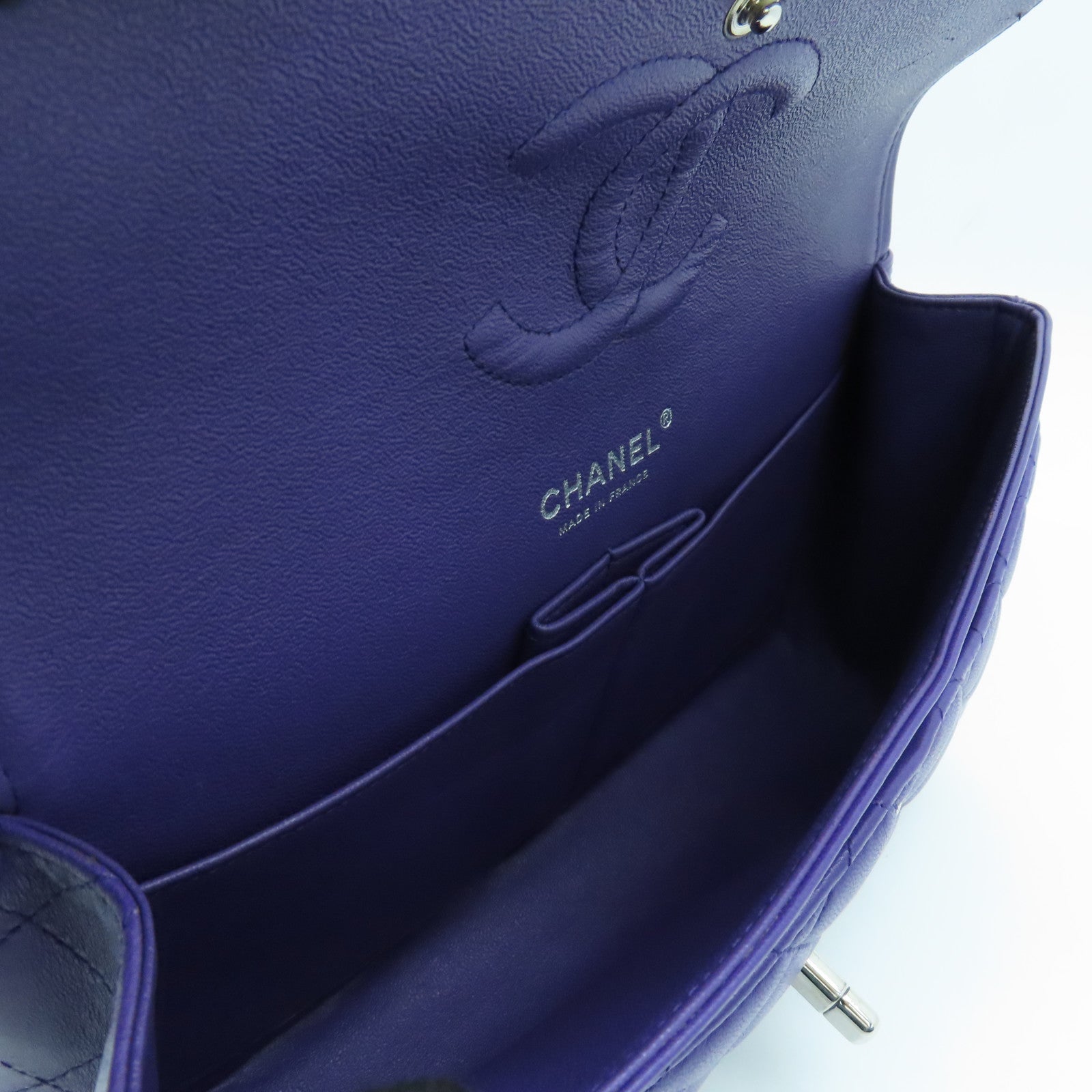 CHANEL Diamond Sheepskin Leather Classic 25cm Silver Buckle Chain Shoulder Bag Purple