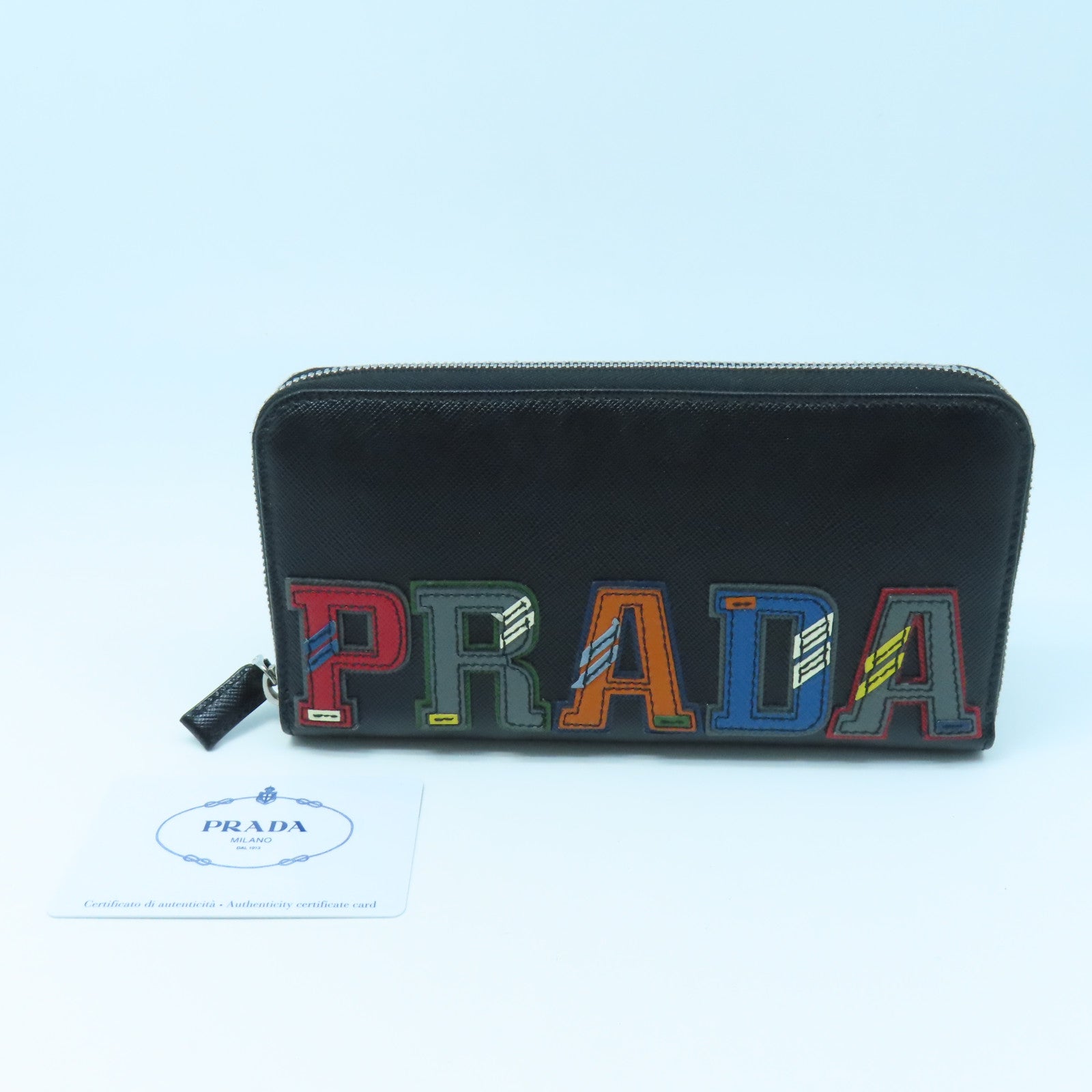 PRADA Cowhide Leather Long Wallet Silver Buckle Black/Color