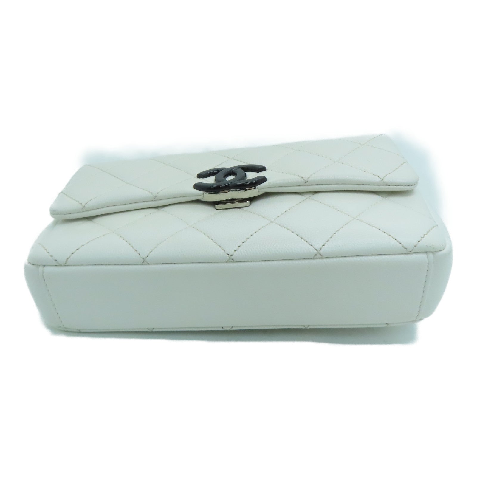 CHANEL Rhombus Caviar Chain Shoulder Bag Silver Buckle Chain Belt Shoulder Bag White